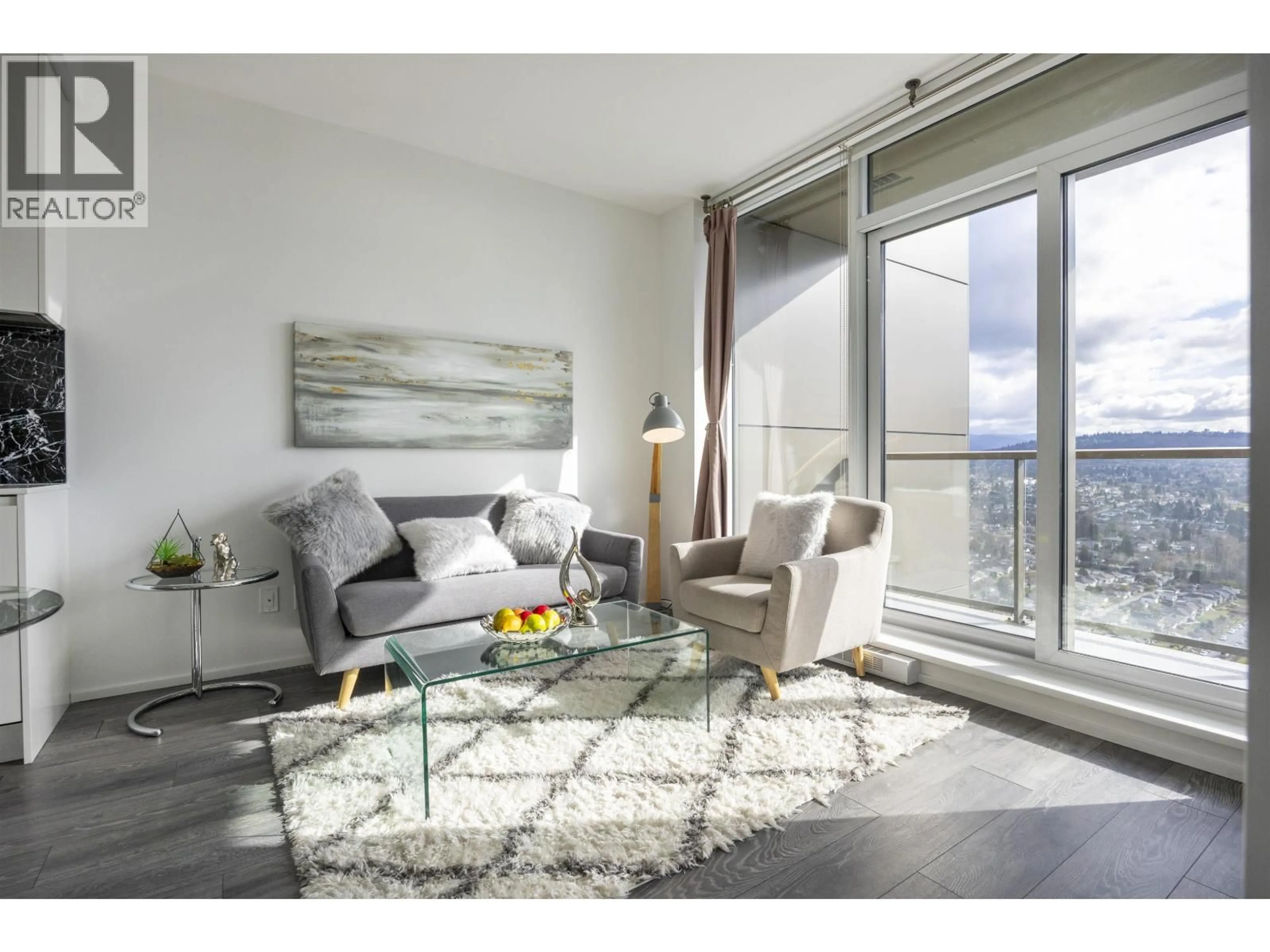 Living room with furniture, wood/laminate floor for 3301 - 4650 BRENTWOOD BOULEVARD, Burnaby British Columbia V5C0M3