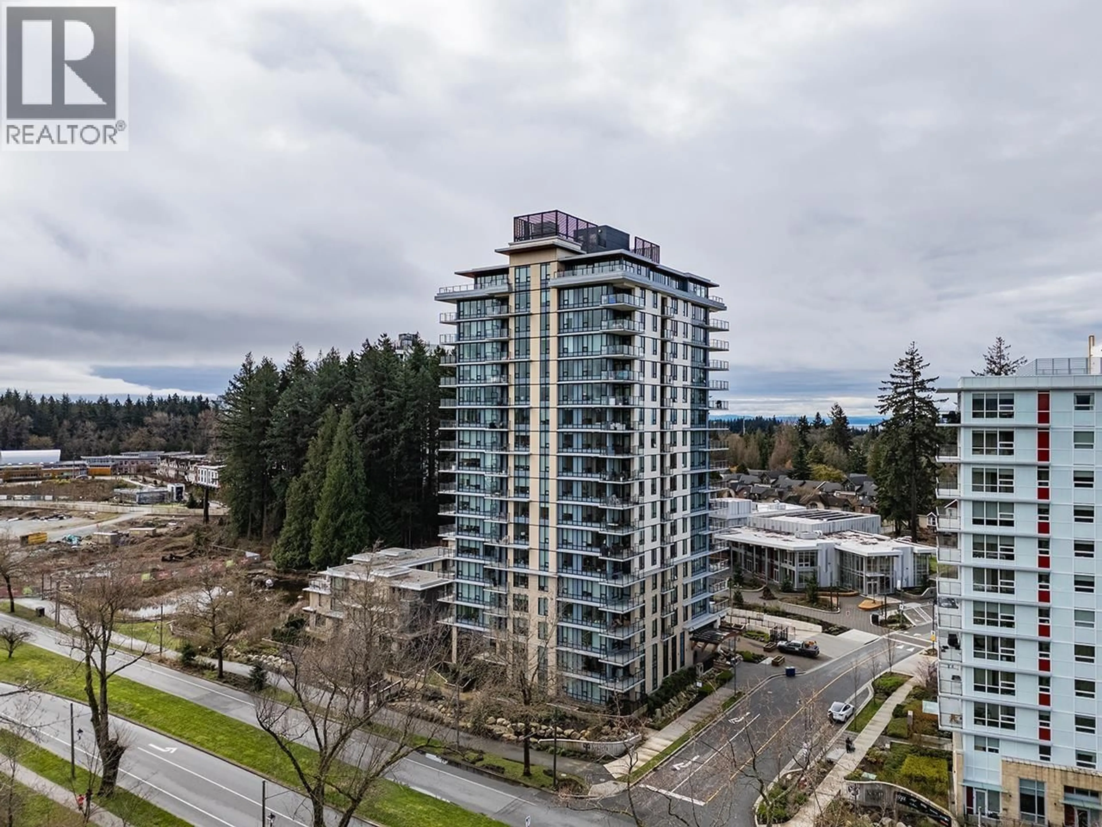 A pic from outside/outdoor area/front of a property/back of a property/a pic from drone, city buildings view from balcony for 1302 - 5410 SHORTCUT ROAD, Vancouver British Columbia V6T0C8