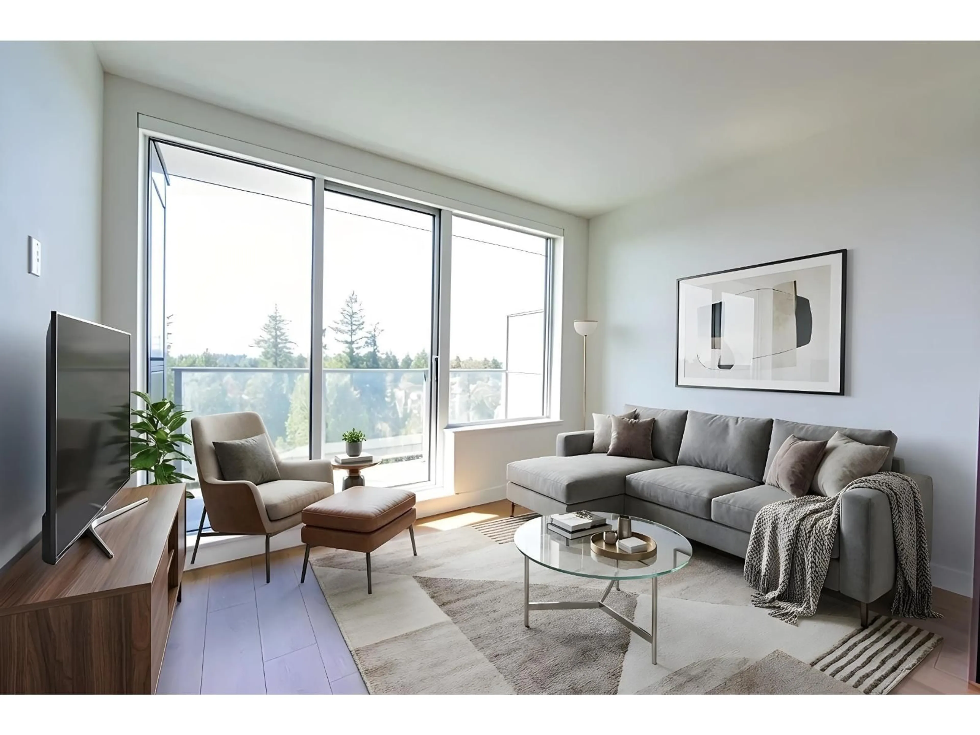 Living room with furniture, wood/laminate floor for 905 - 13359 OLD YALE ROAD, Surrey British Columbia V3T0S4