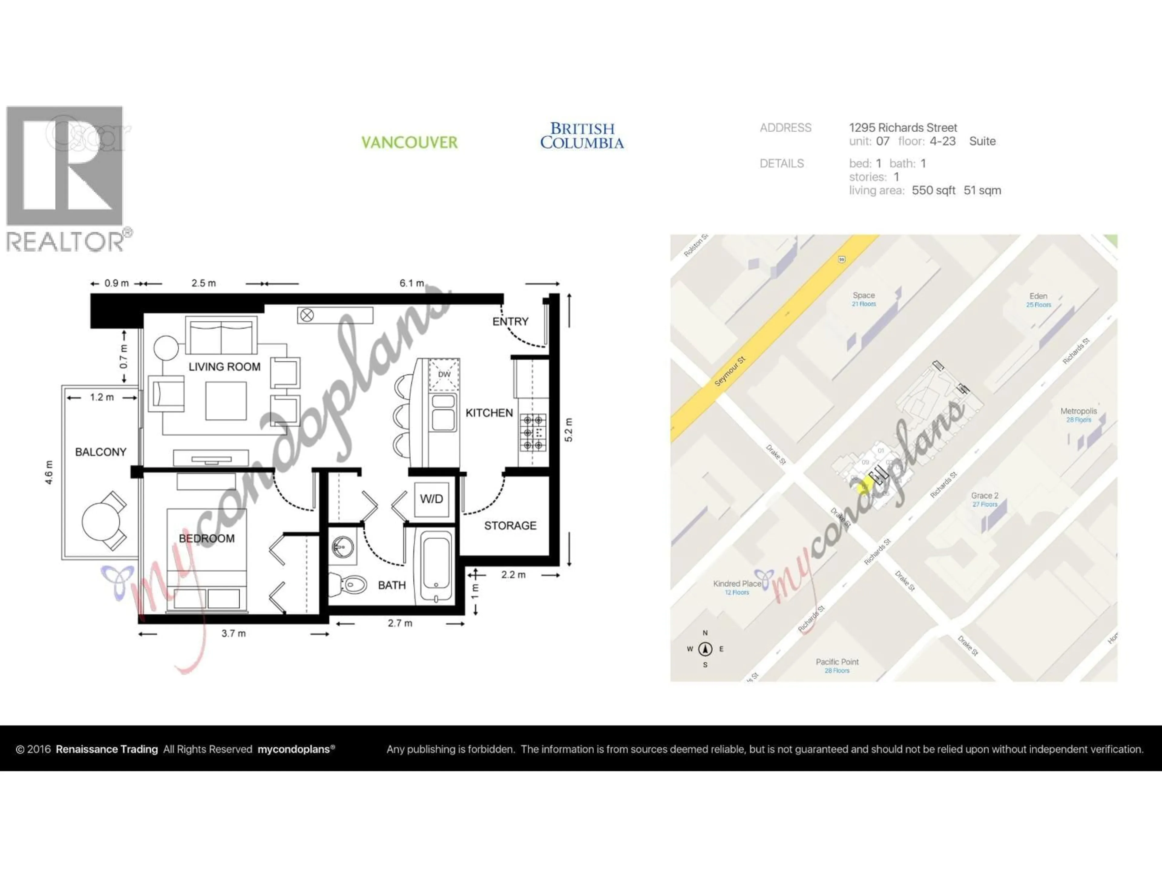 Floor plan for 1707 - 1295 RICHARDS STREET, Vancouver British Columbia V6B1B7