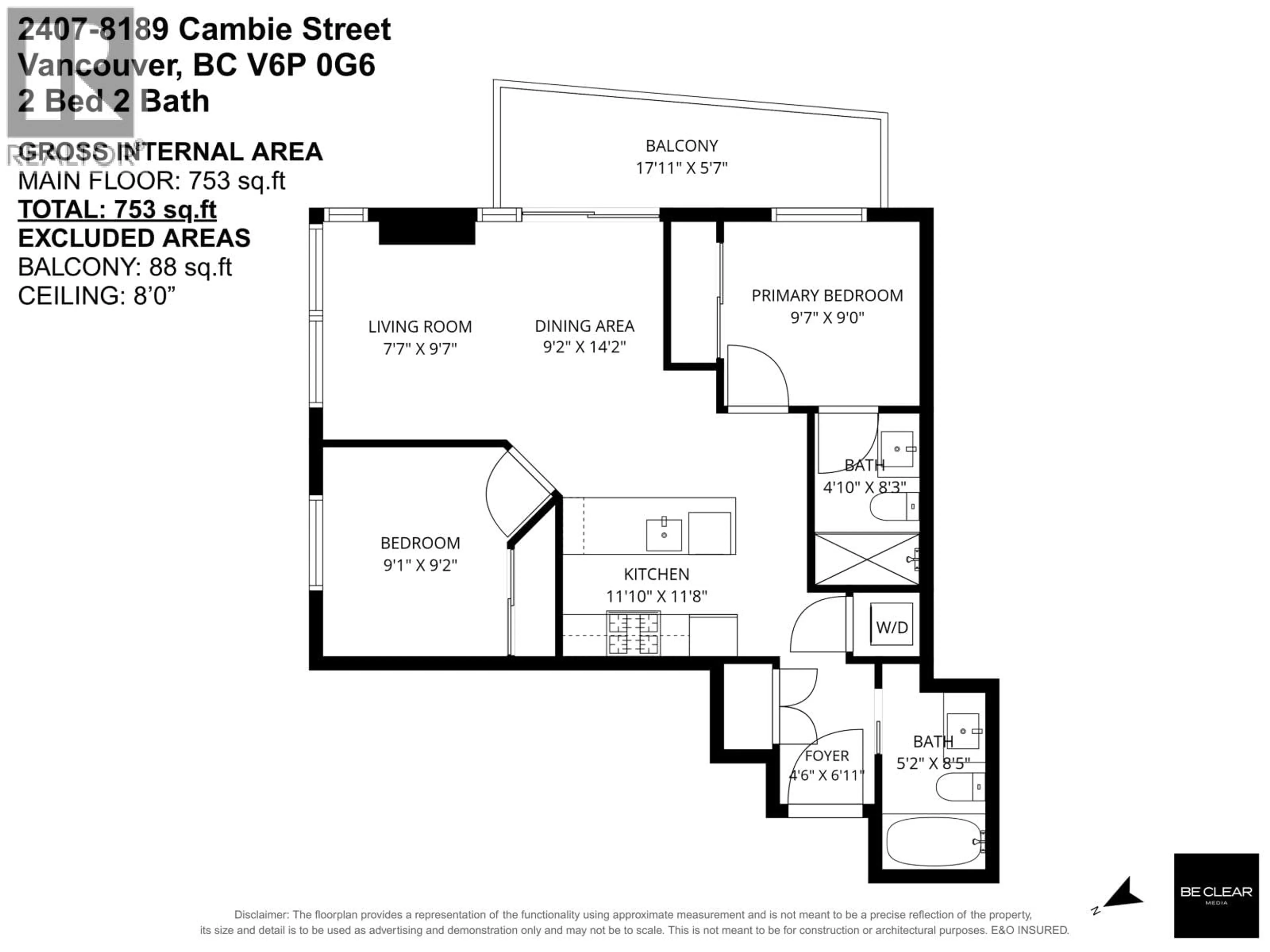 Floor plan for 2407 - 8189 CAMBIE STREET, Vancouver British Columbia V6P0G6