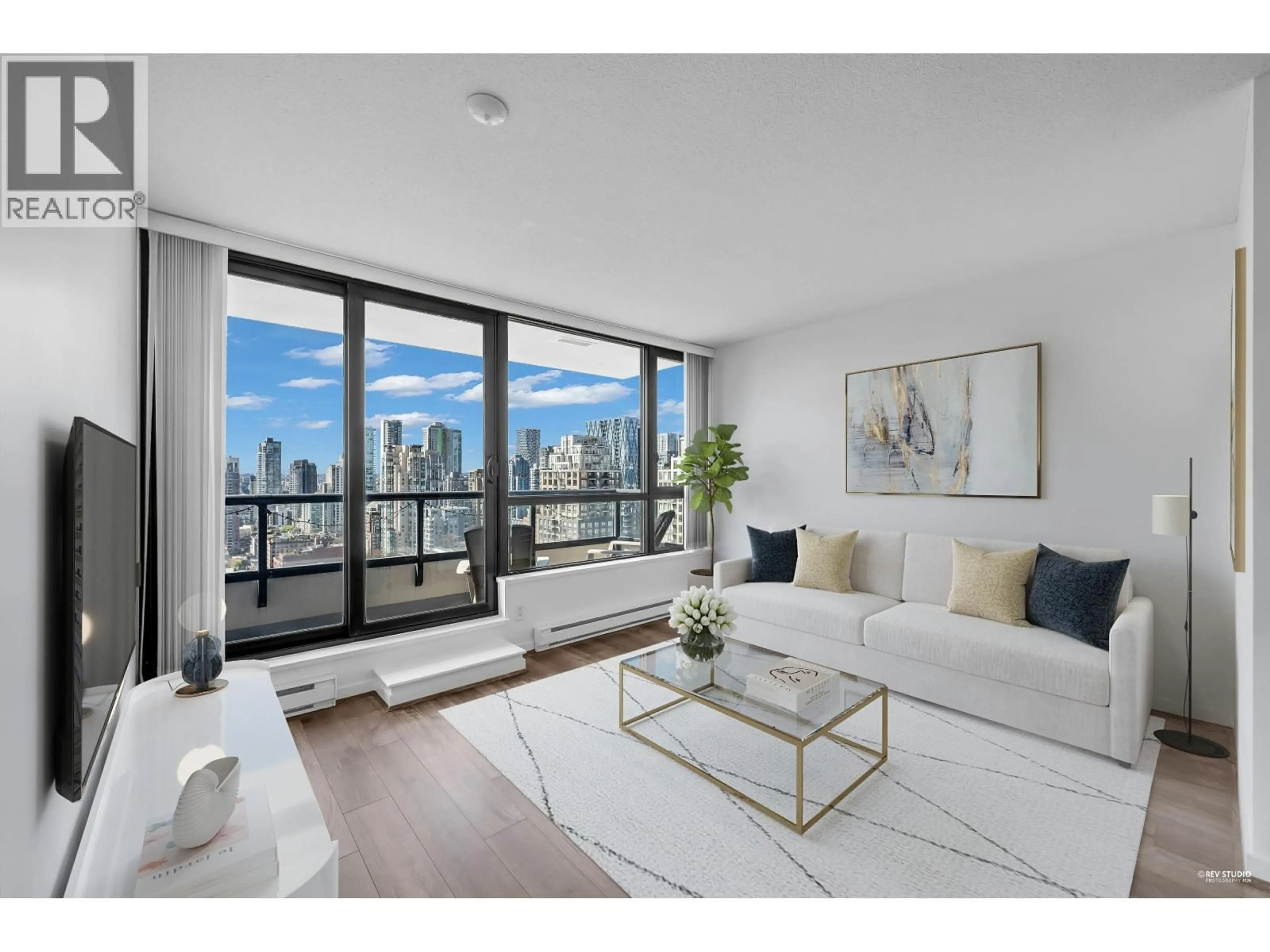 Living room with furniture, wood/laminate floor for 2608 - 977 MAINLAND STREET, Vancouver British Columbia V6B1T2