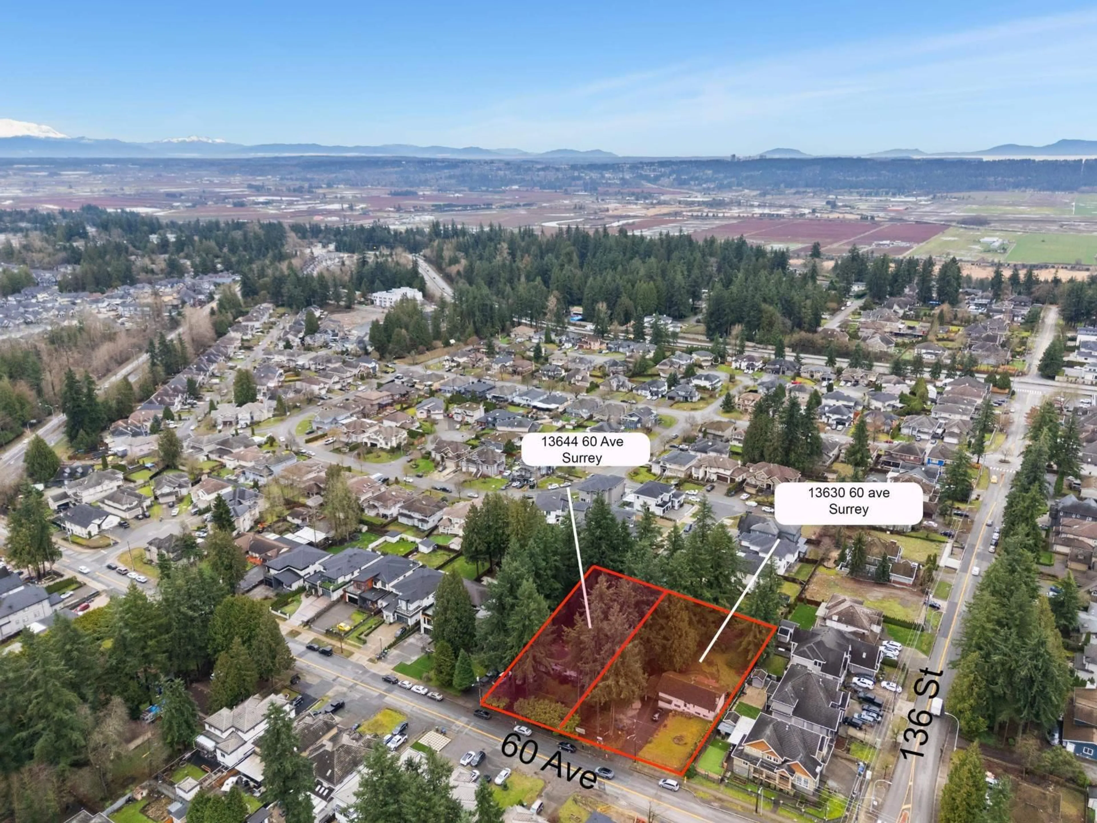 A pic from outside/outdoor area/front of a property/back of a property/a pic from drone, mountain view for 13630 60 AVENUE, Surrey British Columbia V3X2M8