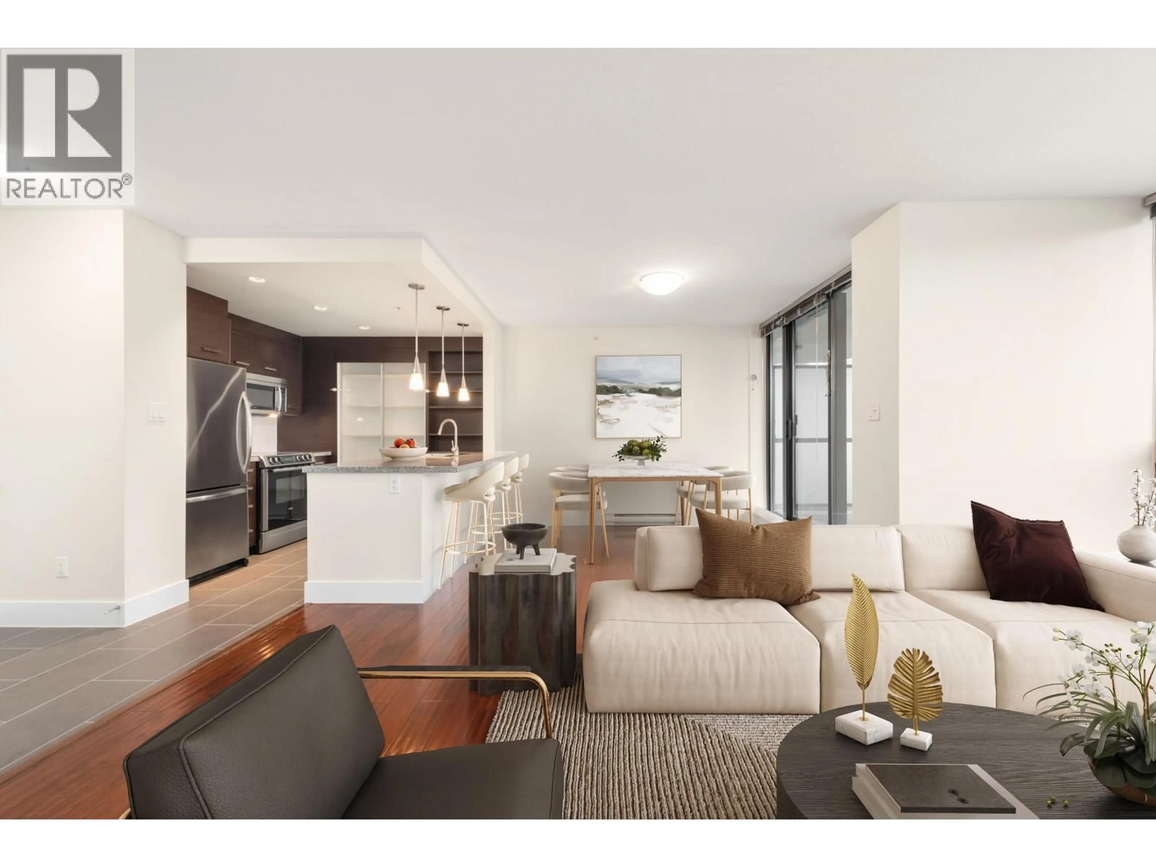 Living room with furniture, wood/laminate floor for 705 - 2959 GLEN DRIVE, Coquitlam British Columbia V3B0B8