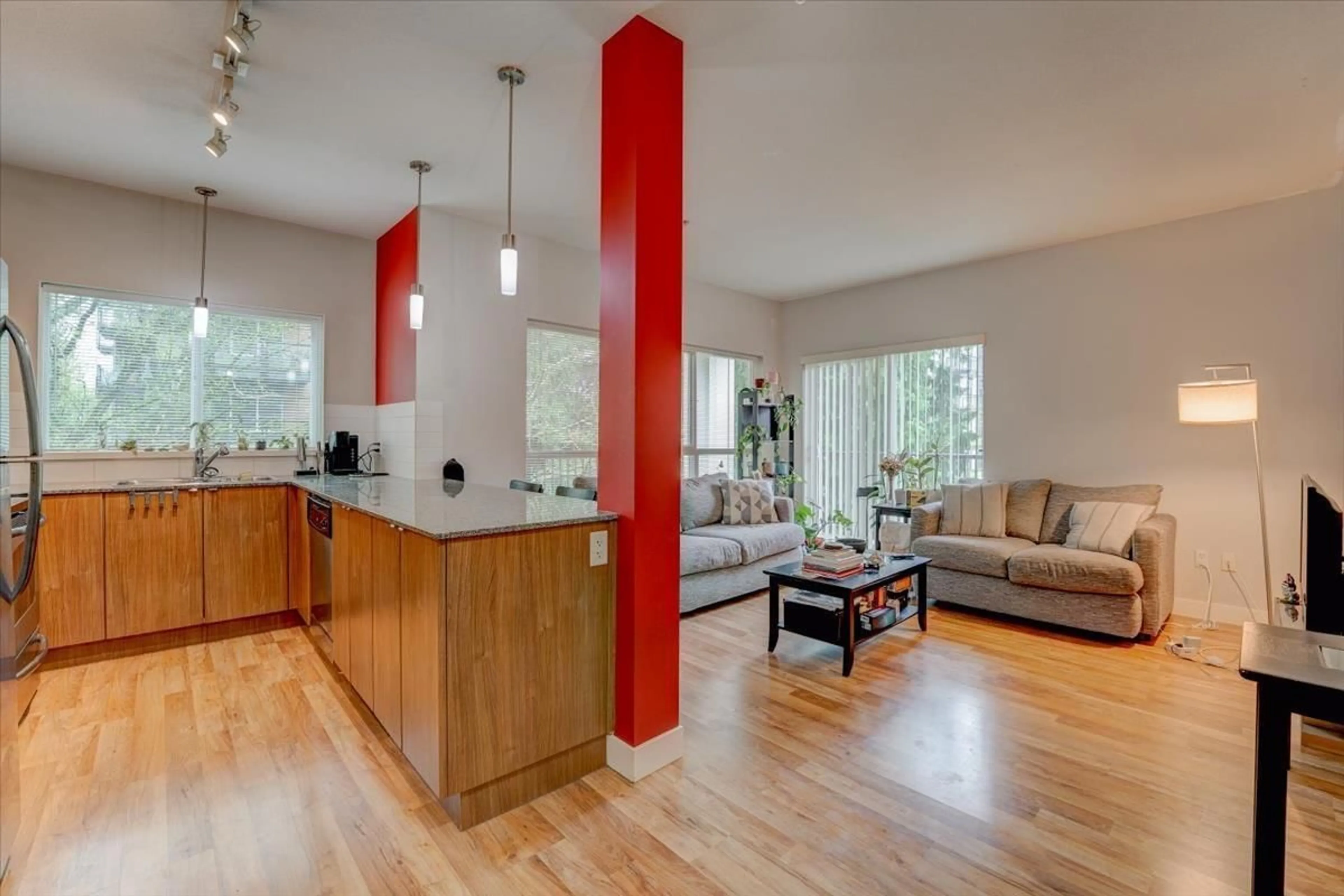 Open concept kitchen, wood/laminate floor for 215 - 9655 KING GEORGE BOULEVARD, Surrey British Columbia V3T0C7