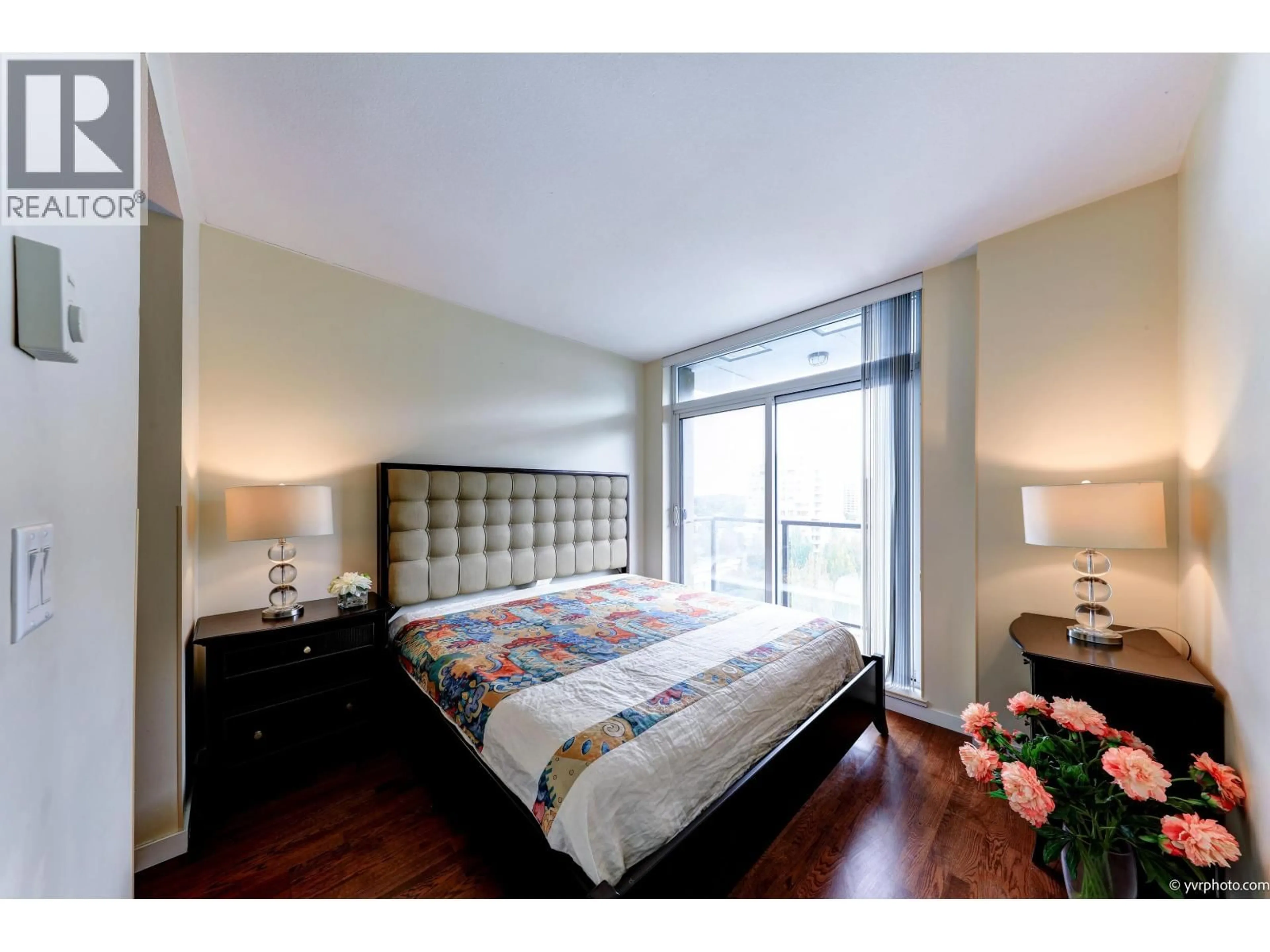Bedroom with bed, wood/laminate floor for 1005 - 6133 BUSWELL STREET, Richmond British Columbia V6Y0B2