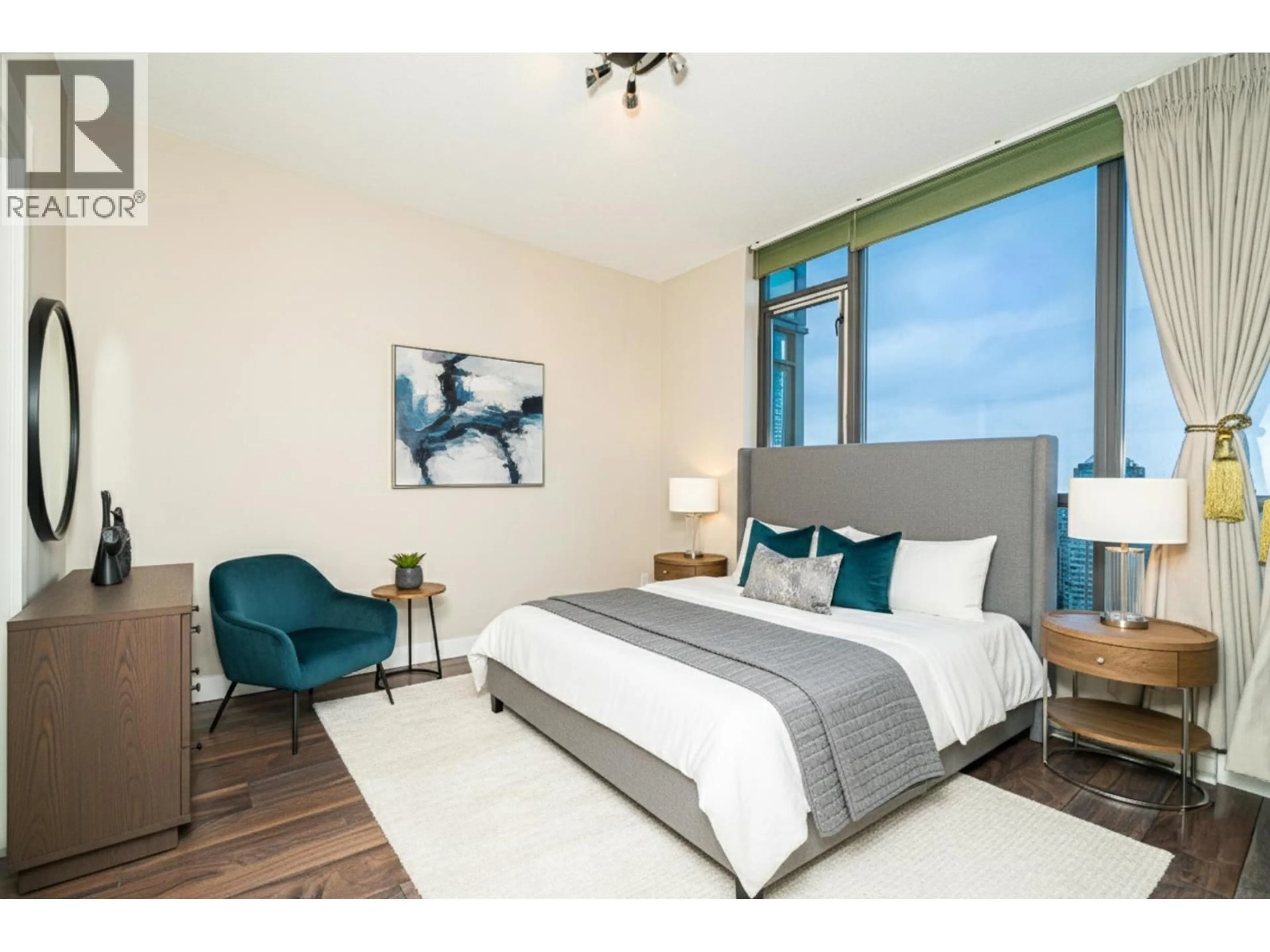 Bedroom with bed, wood/laminate floor for 2902 - 7088 18TH AVENUE, Burnaby British Columbia V3N0A2