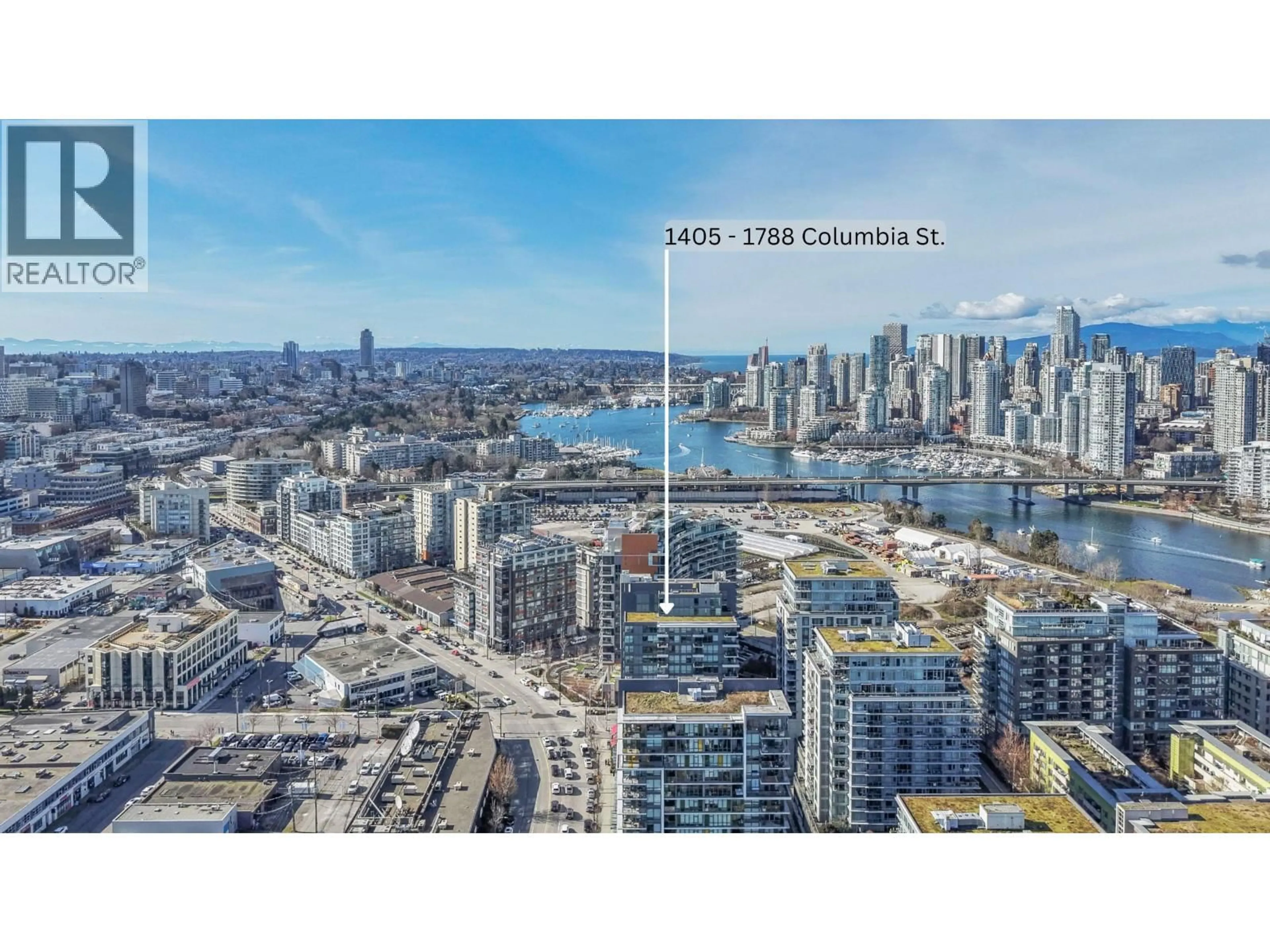 A pic from outside/outdoor area/front of a property/back of a property/a pic from drone, city buildings view from balcony for 1405 - 1788 COLUMBIA STREET, Vancouver British Columbia V5Y0L7