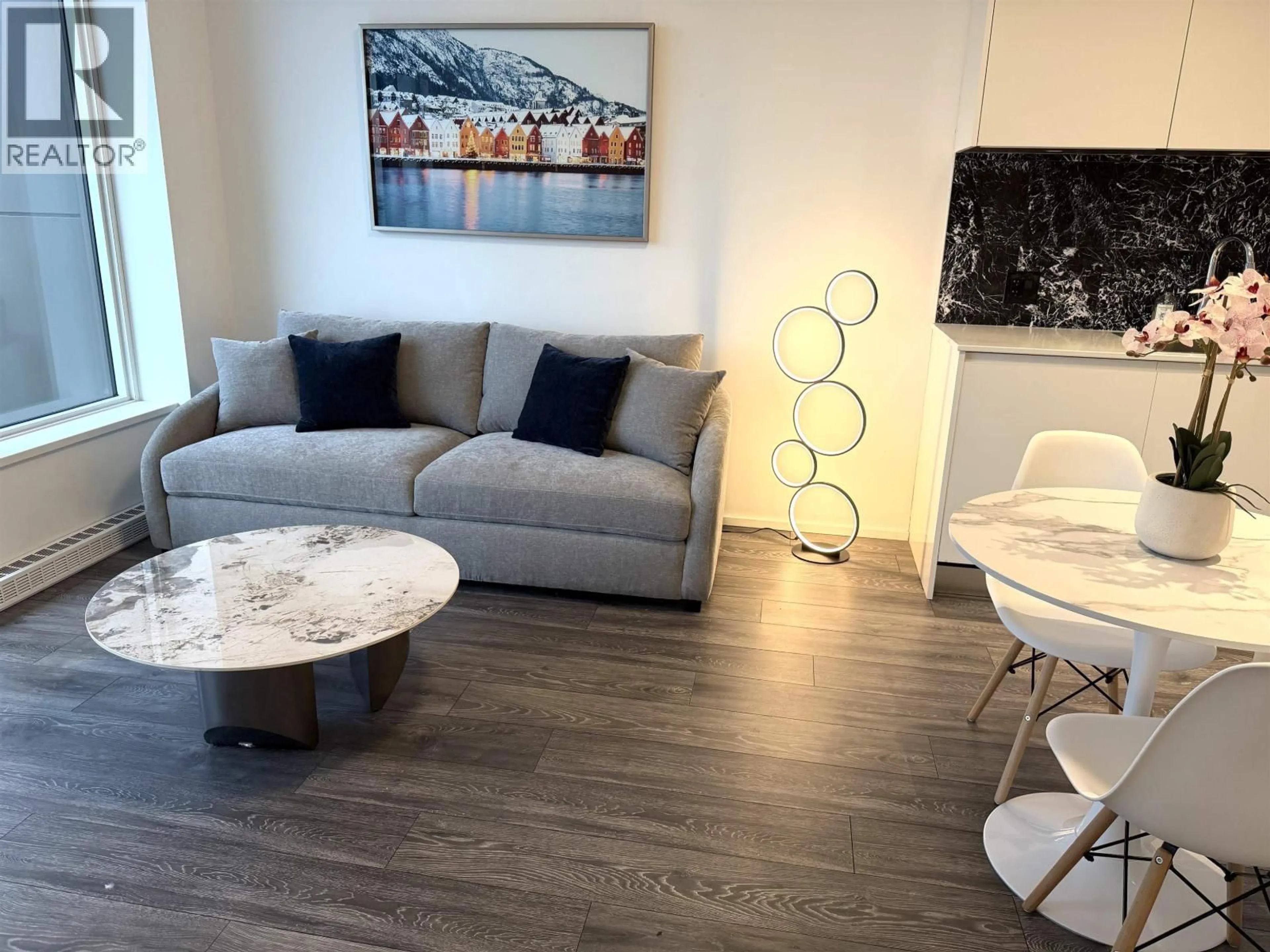 Living room with furniture, wood/laminate floor for 3906 - 4650 BRENTWOOD BOULEVARD, Burnaby British Columbia V5C0M3