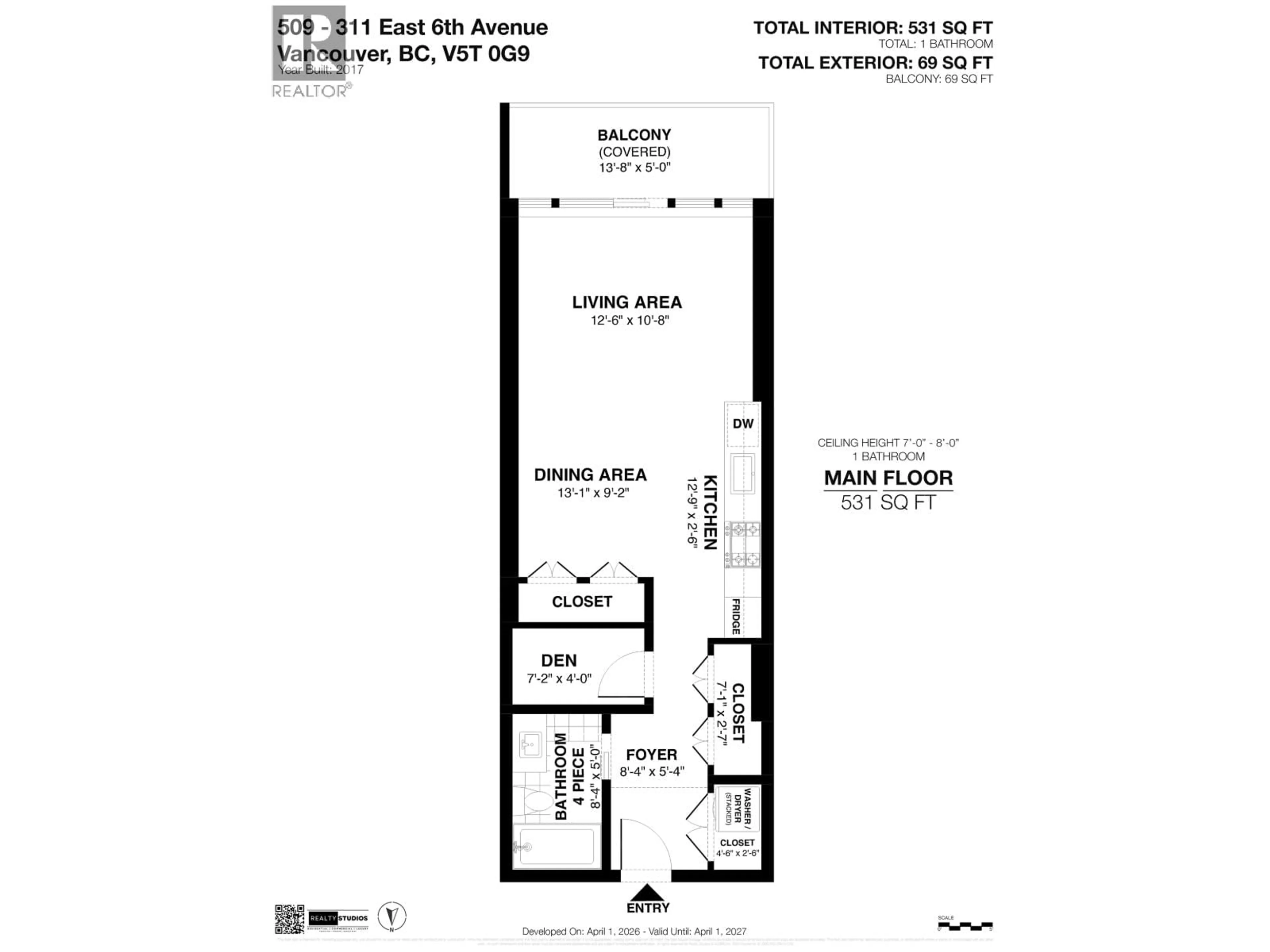 Floor plan for 509 - 311 6TH AVENUE, Vancouver British Columbia V5T1J9