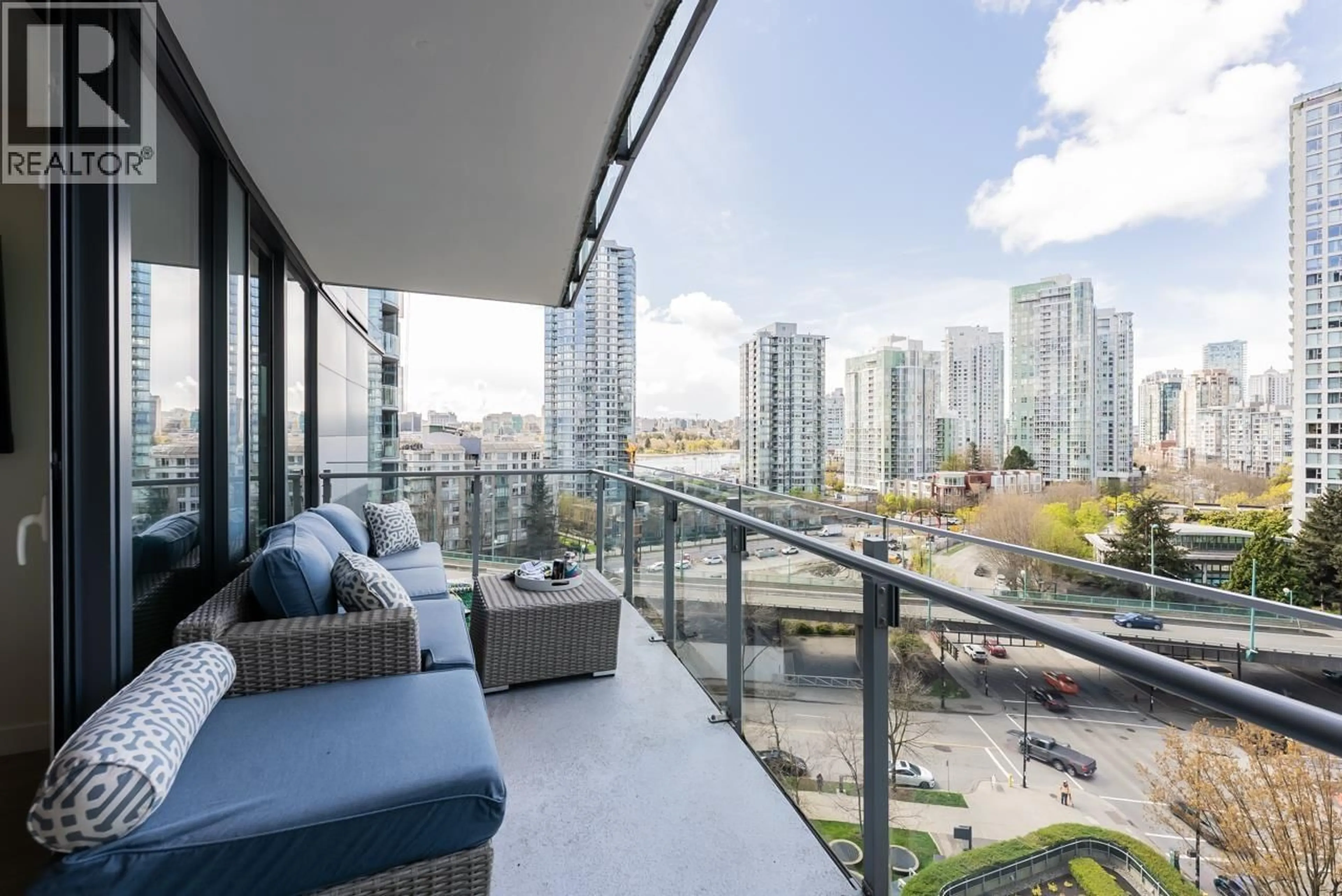 Patio, city buildings view from balcony for 1001 - 89 NELSON STREET, Vancouver British Columbia V6Z0E7