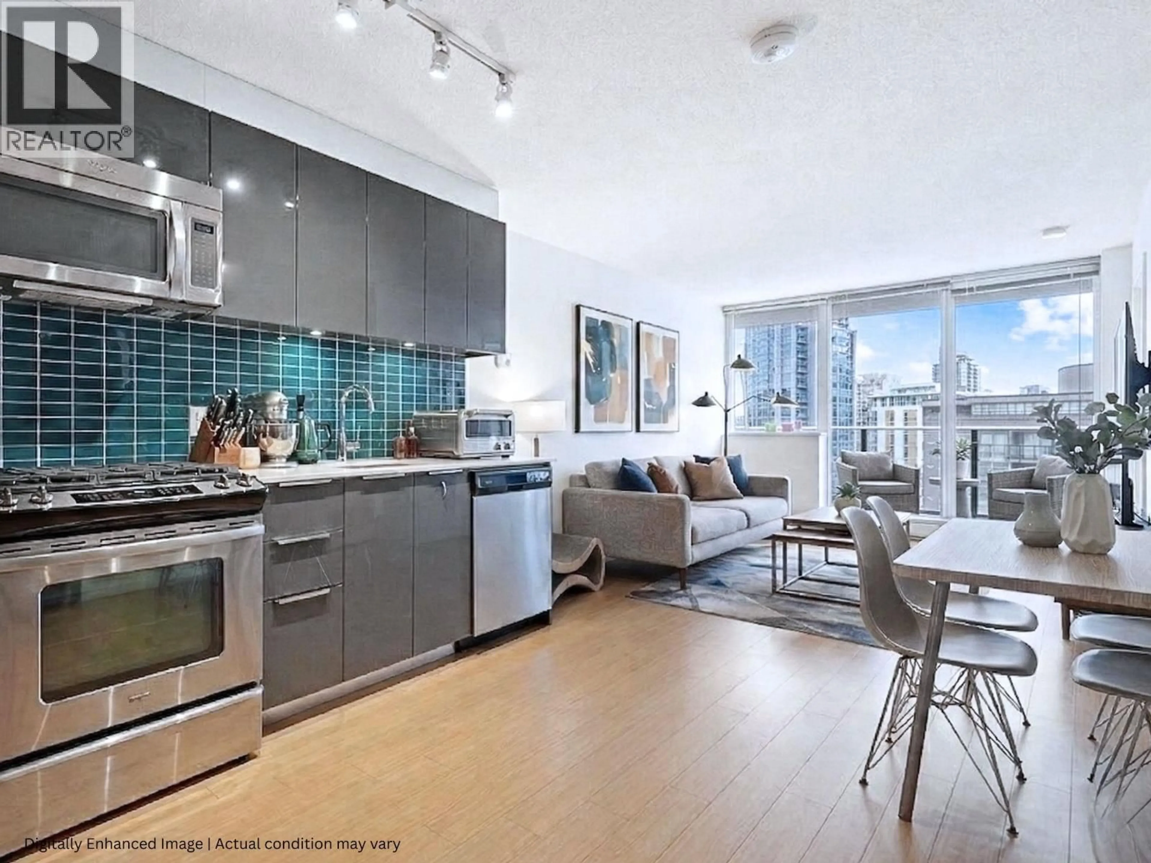 Open concept kitchen, wood/laminate floor for 908 - 1325 ROLSTON STREET, Vancouver British Columbia V6B0M2