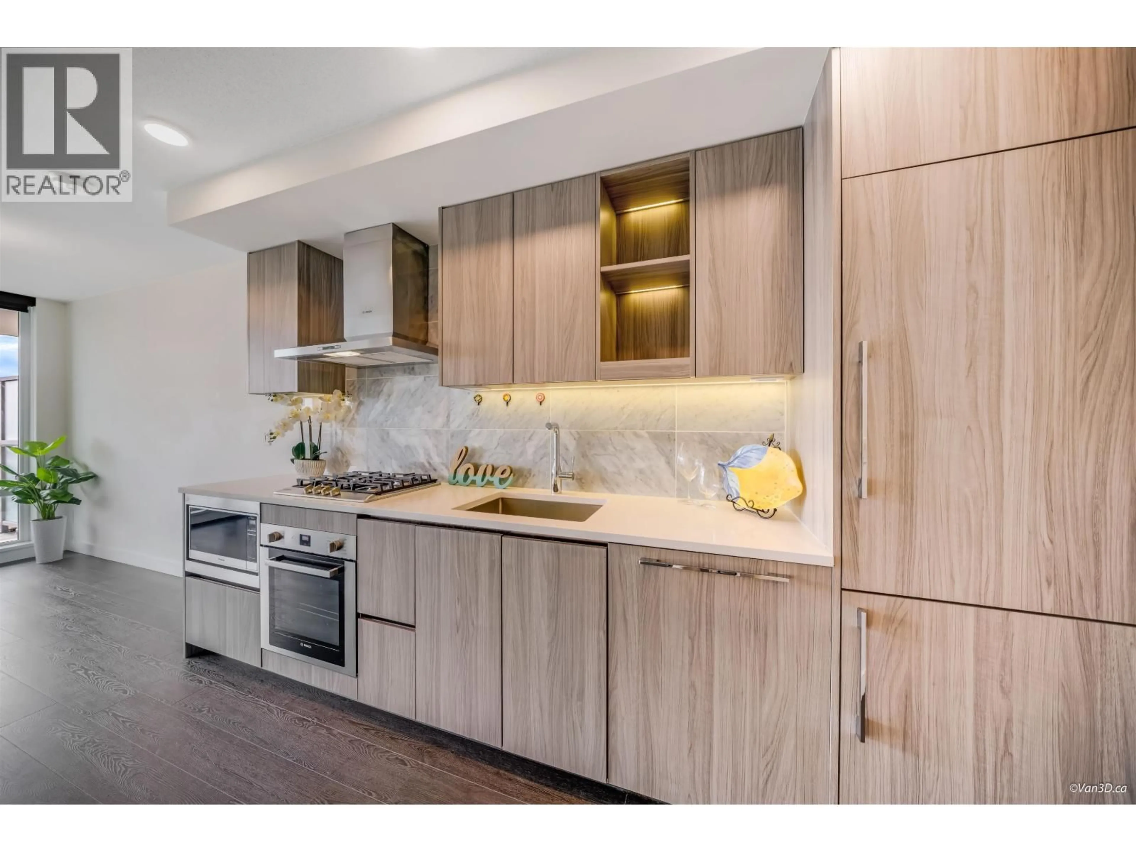 Contemporary kitchen, wood/laminate floor for 618 - 8800 HAZELBRIDGE WAY, Richmond British Columbia V6X0S3