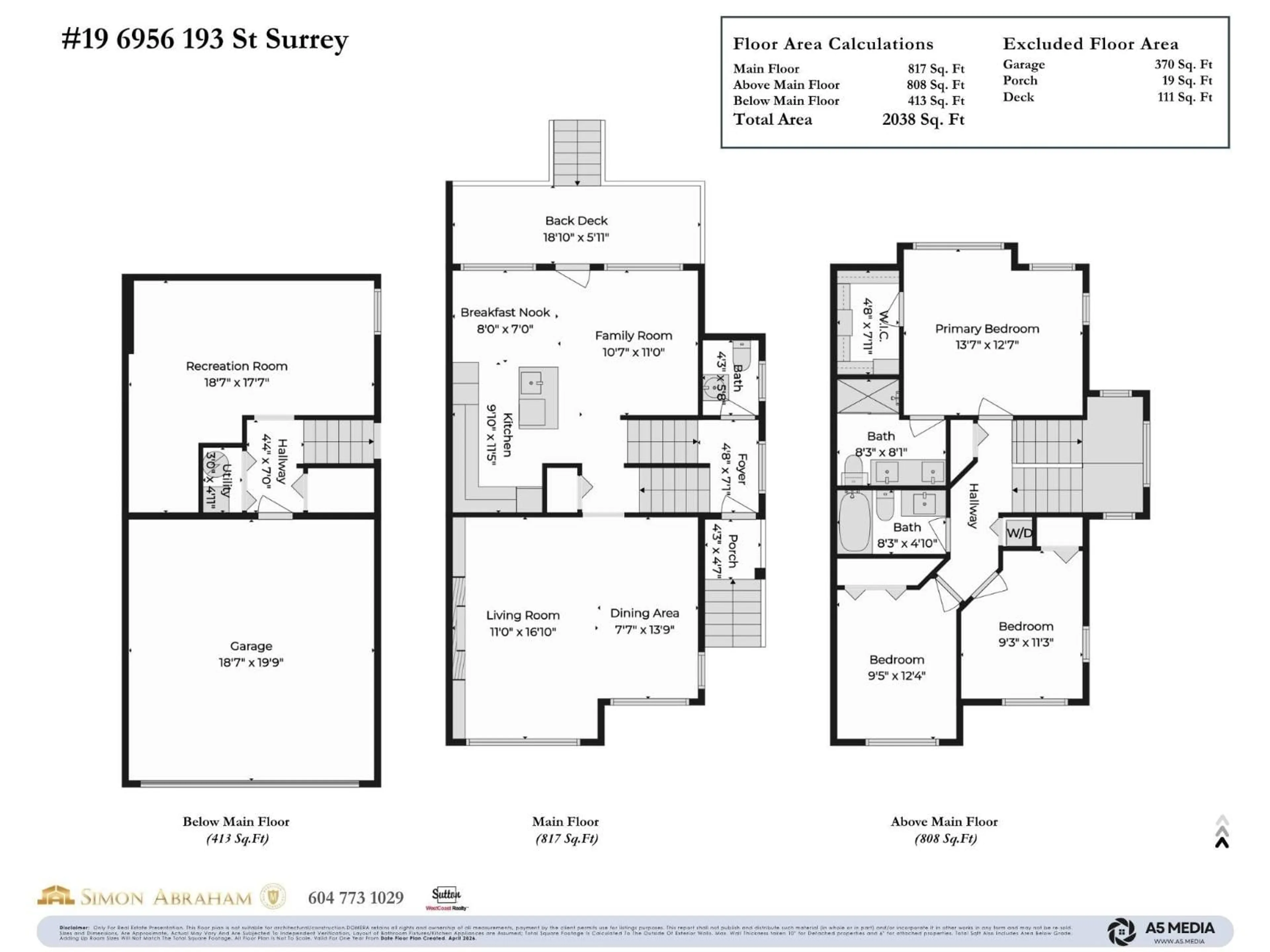 Floor plan for 19 - 6956 193 STREET, Surrey British Columbia V4N6E7
