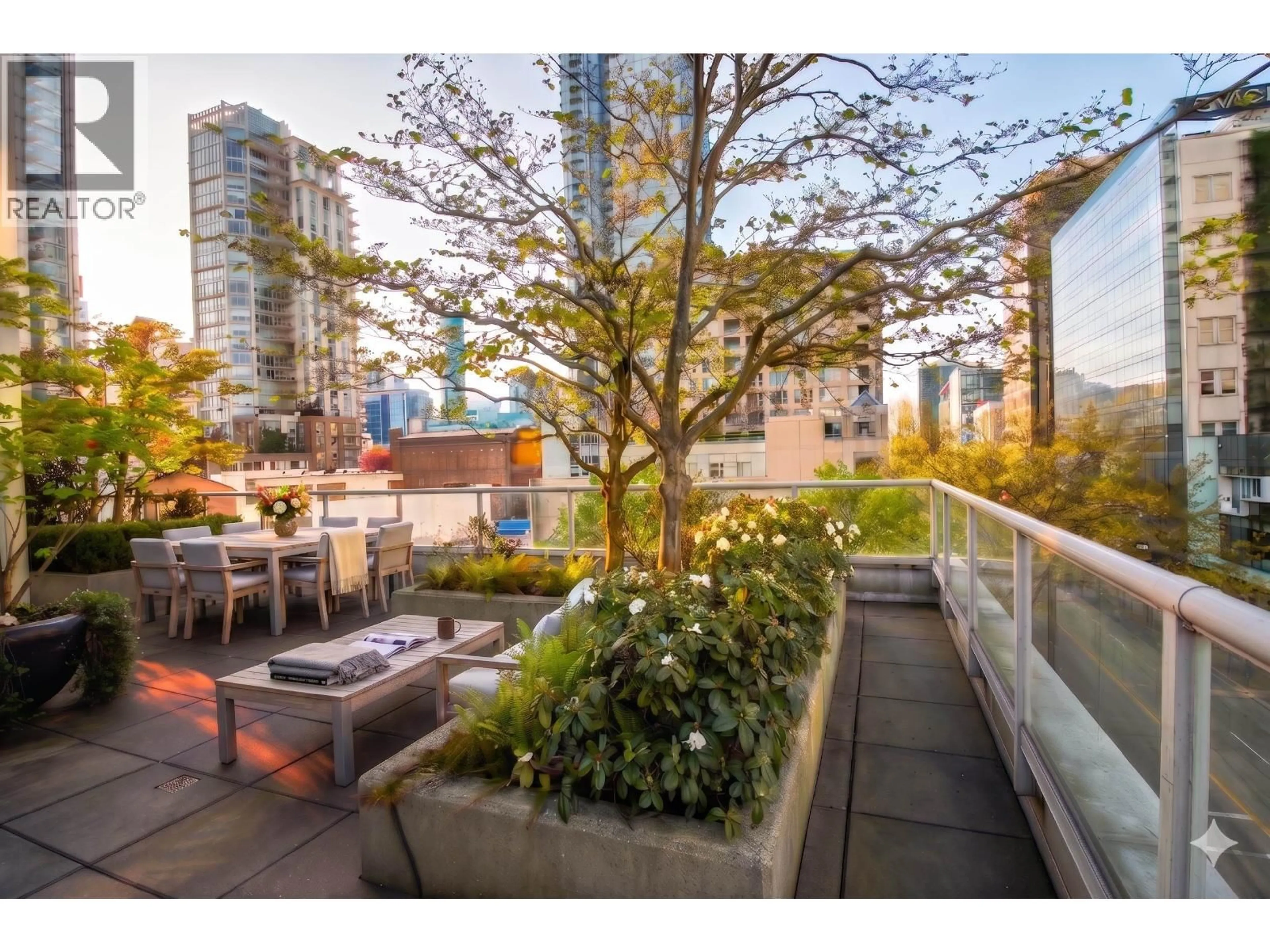 Patio, city buildings view from balcony for 402 - 480 ROBSON STREET, Vancouver British Columbia V6B1S1