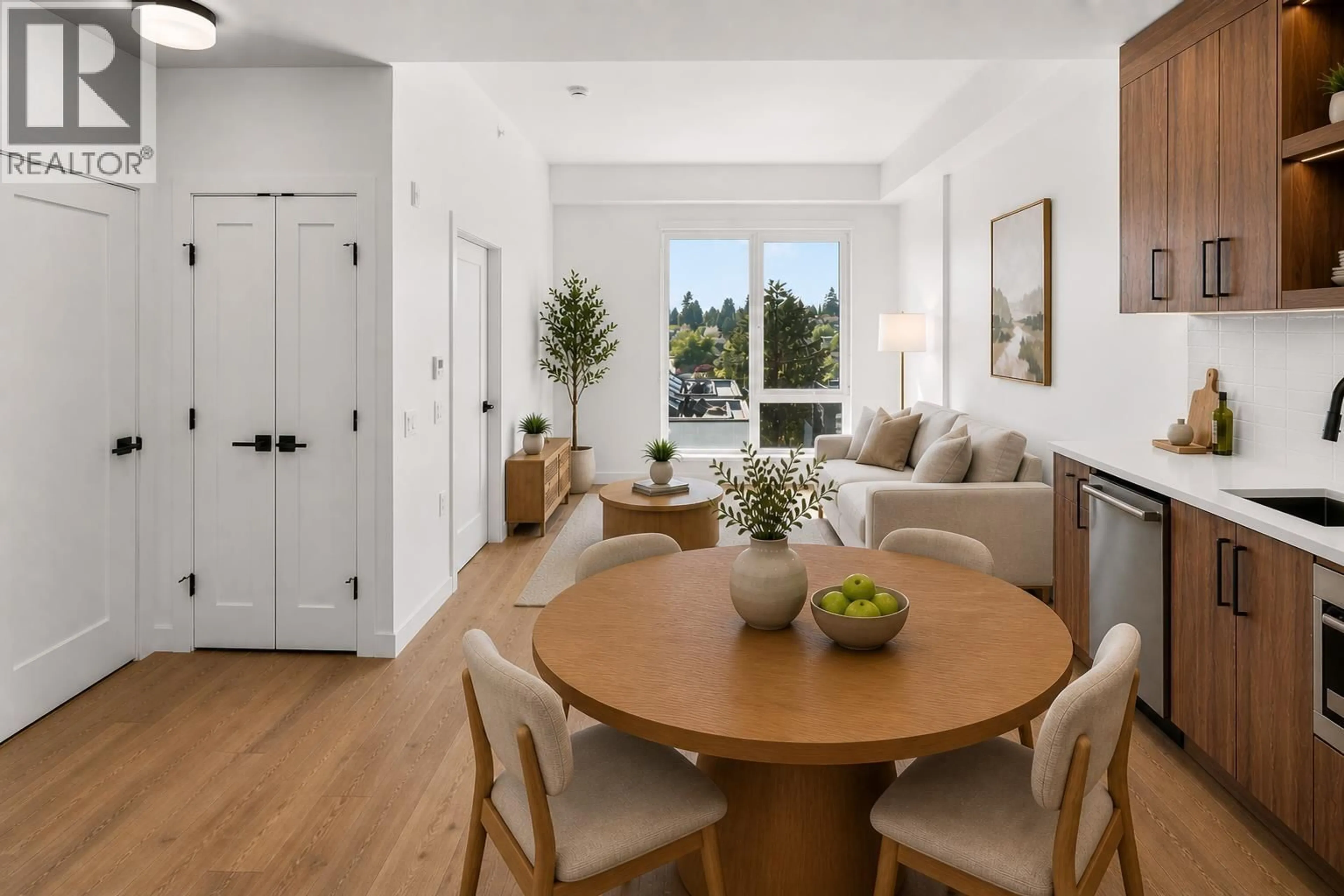 Living room with furniture, wood/laminate floor for 602 - 6859 CAMBIE STREET, Vancouver British Columbia V6P3H1