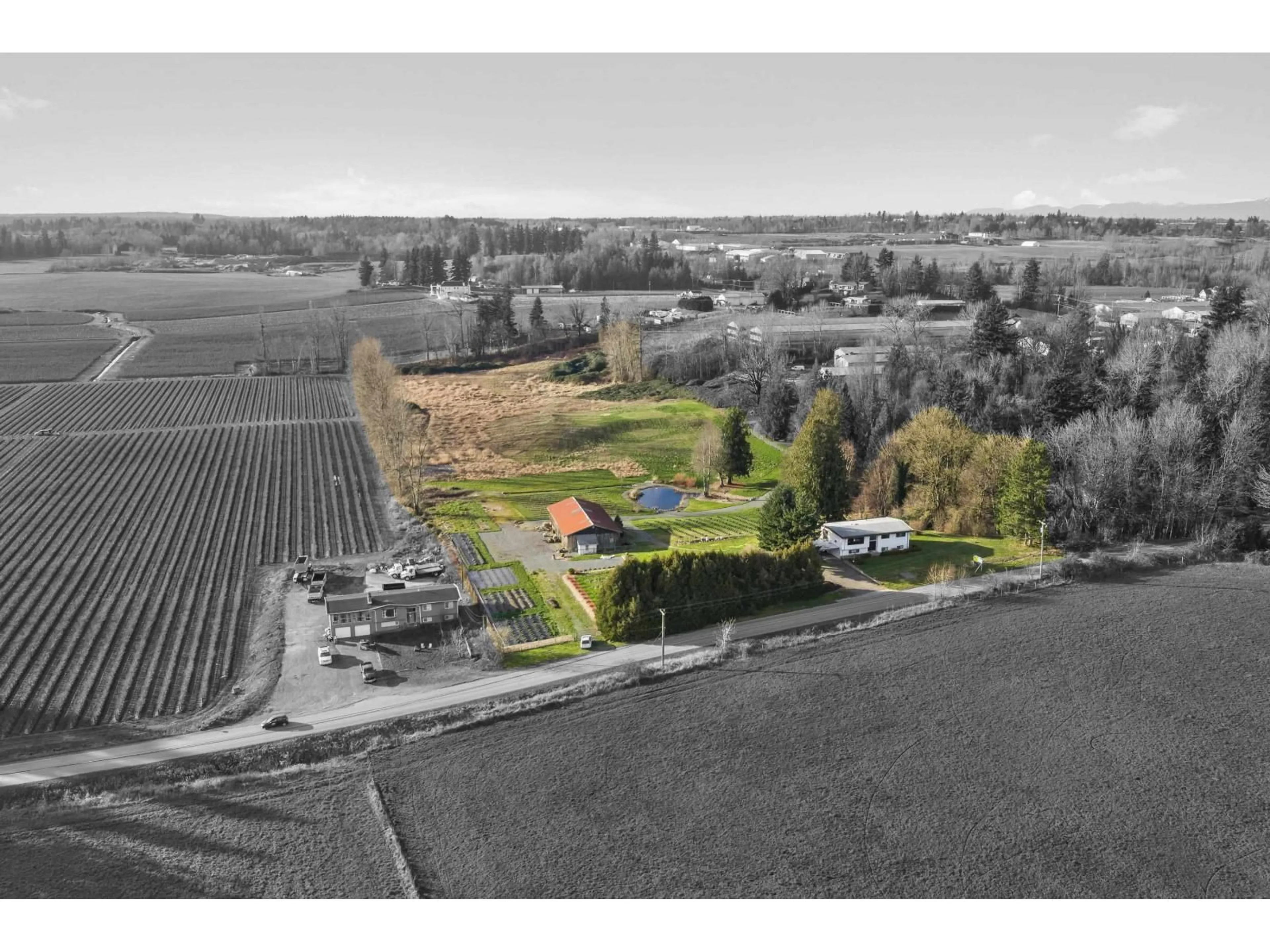 A pic from outside/outdoor area/front of a property/back of a property/a pic from drone, mountain view for 681 BRADNER ROAD, Abbotsford British Columbia V4X2J5