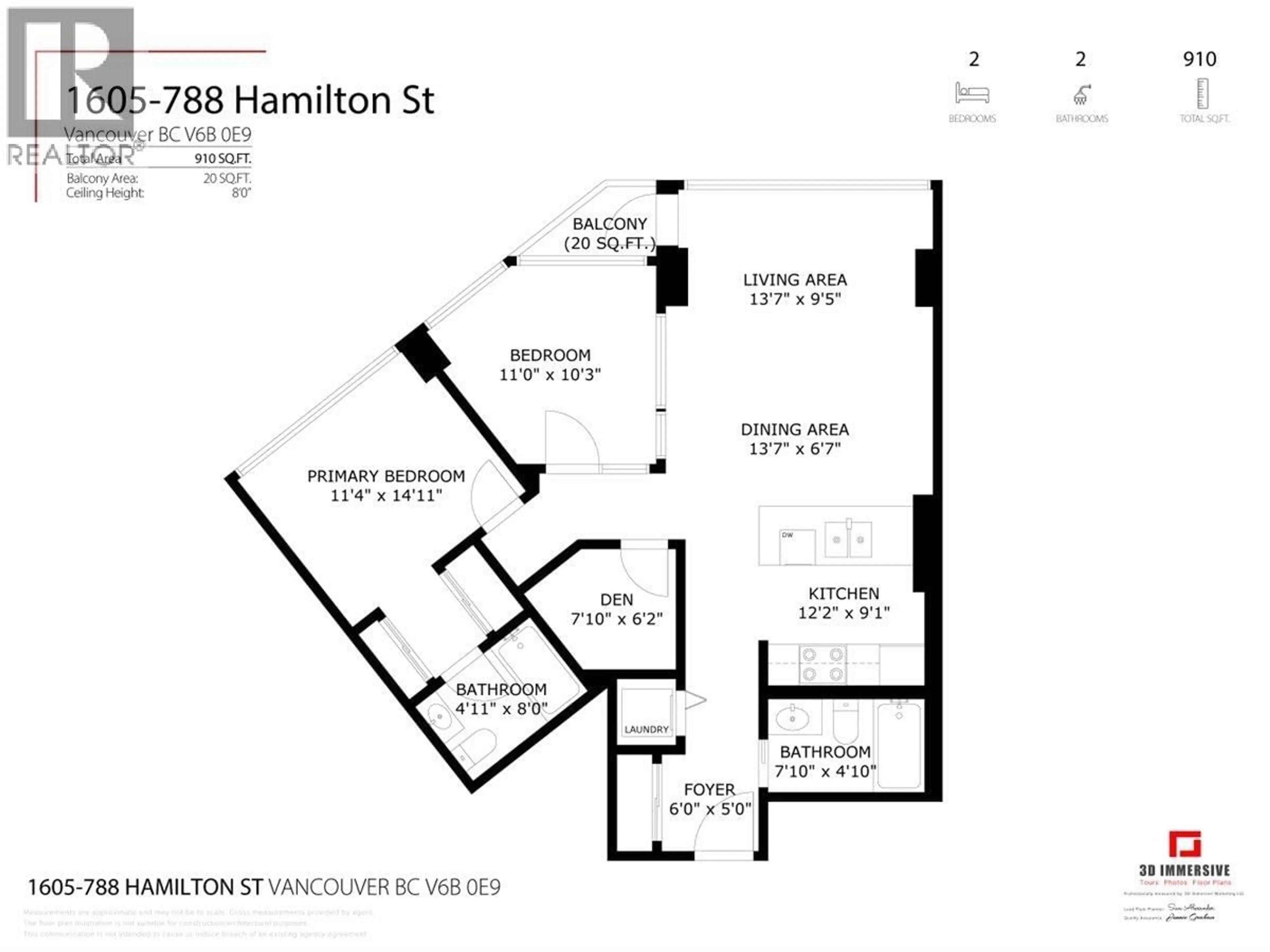 Floor plan for 1605 - 788 HAMILTON STREET, Vancouver British Columbia V6B0E9