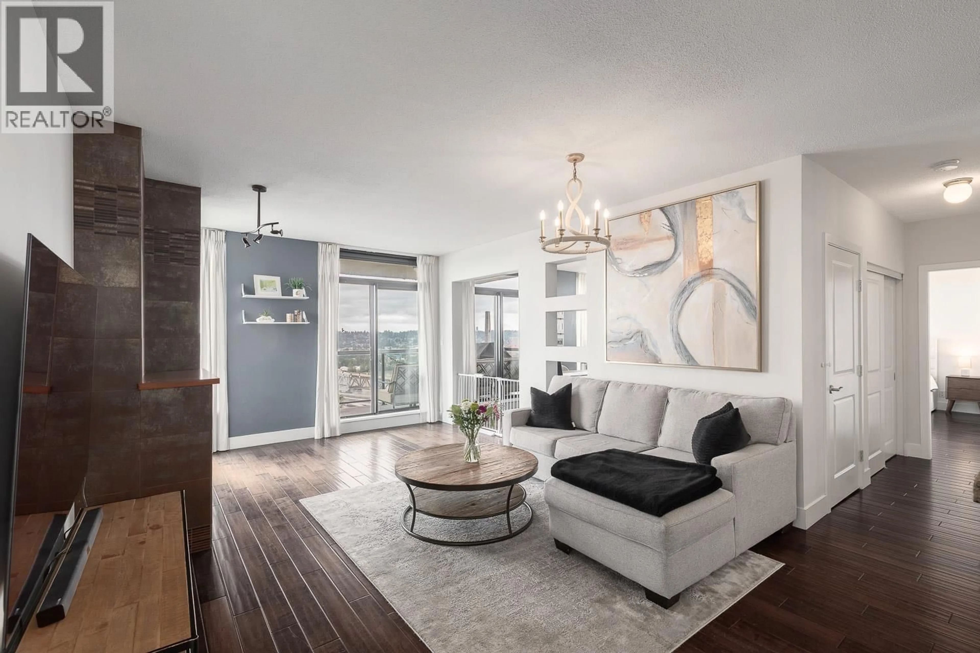 Living room with furniture, wood/laminate floor for 1603 - 11 ROYAL AVENUE, New Westminster British Columbia V3L0A8