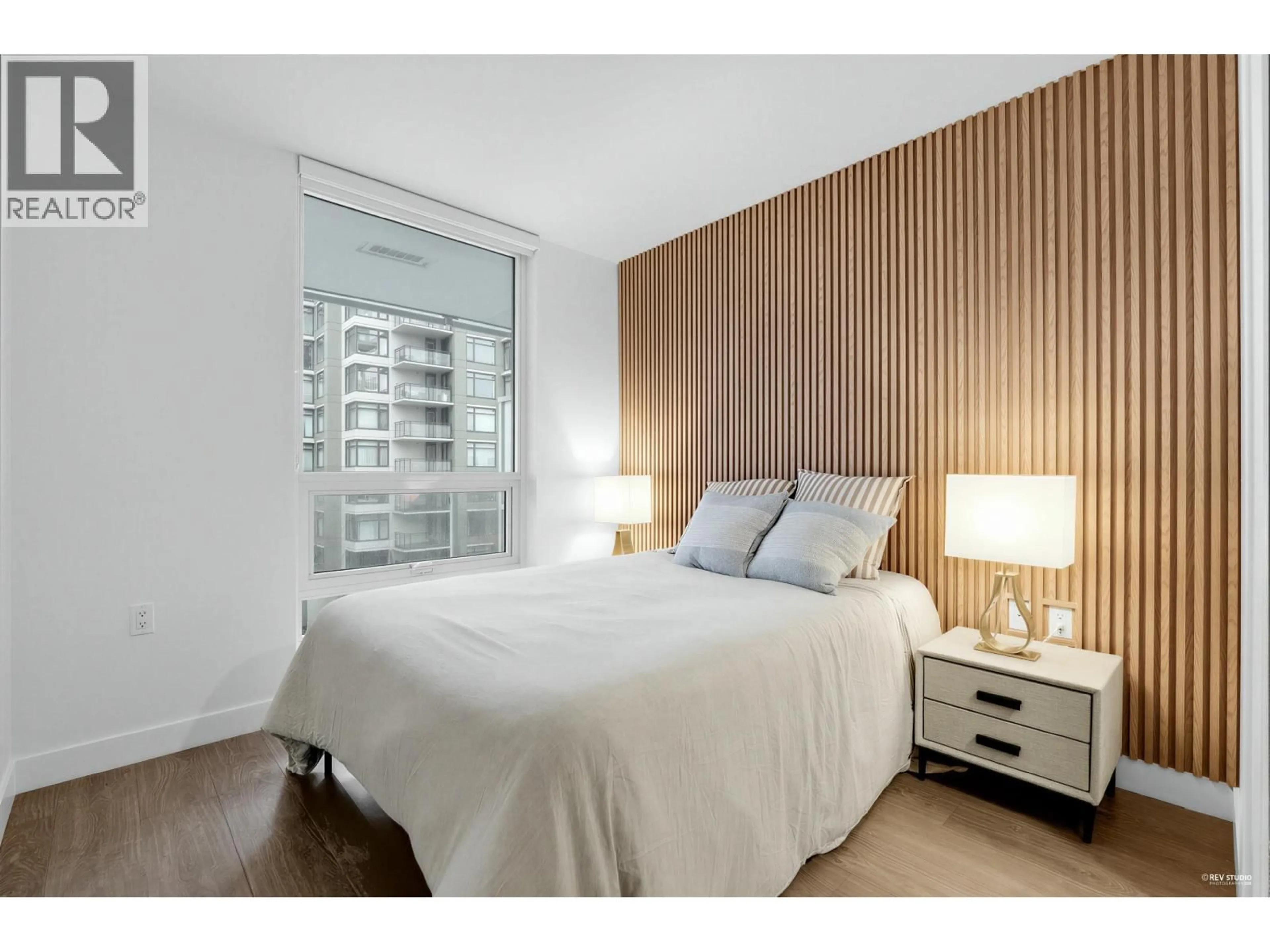 Bedroom with bed, wood/laminate floor for 616 - 6328 NO. 3 ROAD, Richmond British Columbia V6Y0L6