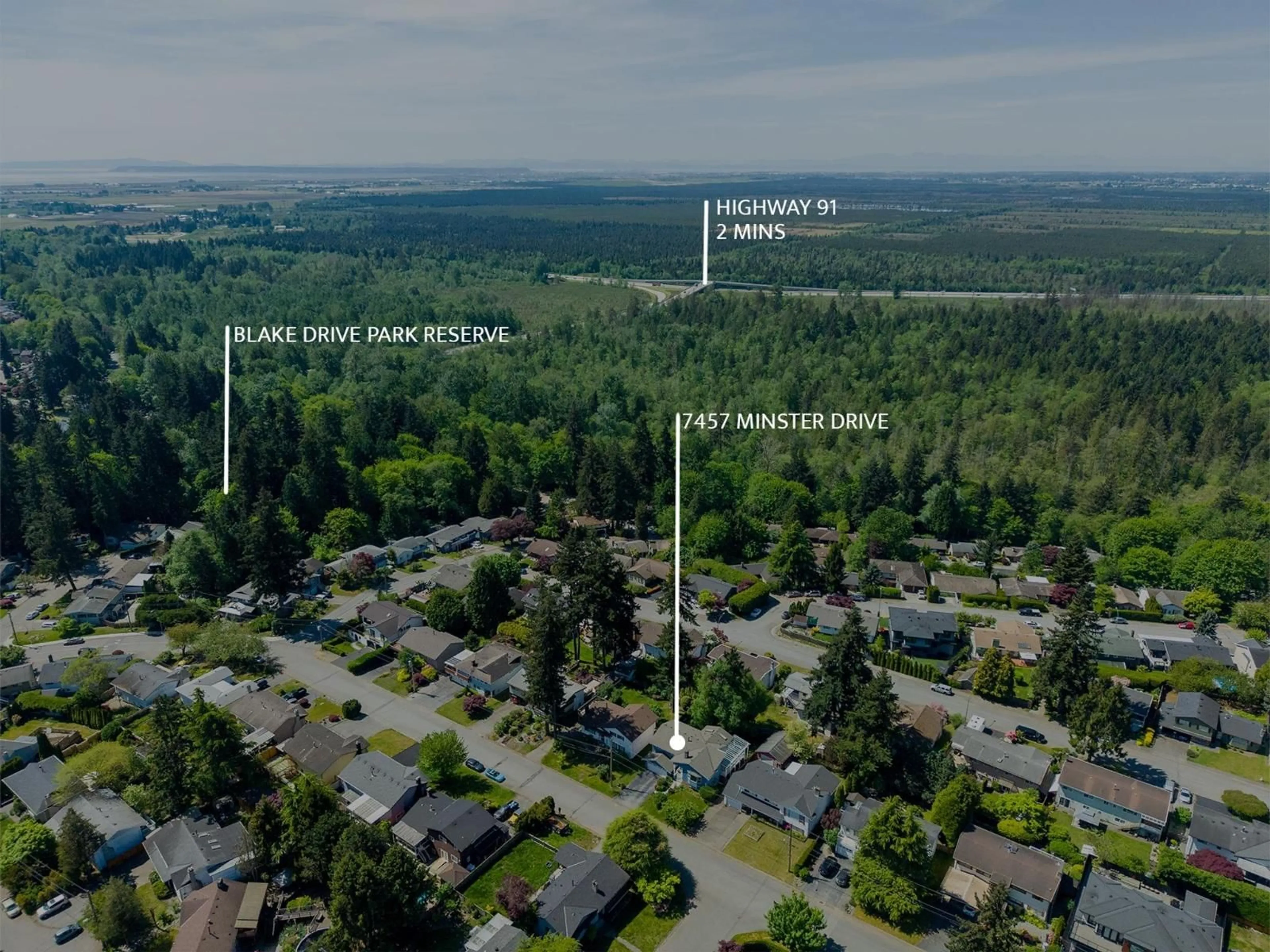 A pic from outside/outdoor area/front of a property/back of a property/a pic from drone, forest/trees view for 7457 MINSTER DR. WEST, Delta British Columbia V4C4L8
