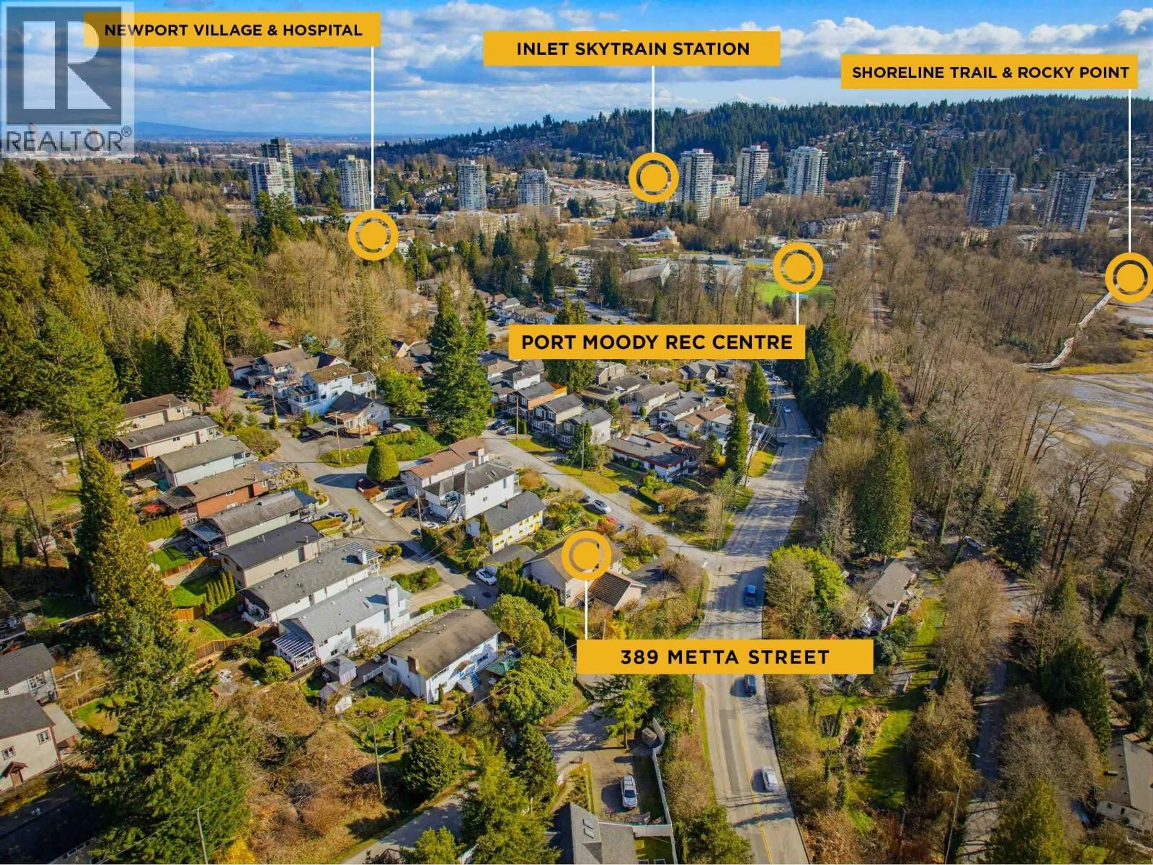 A pic from outside/outdoor area/front of a property/back of a property/a pic from drone, street for 389 METTA STREET, Port Moody British Columbia V3H2Y6