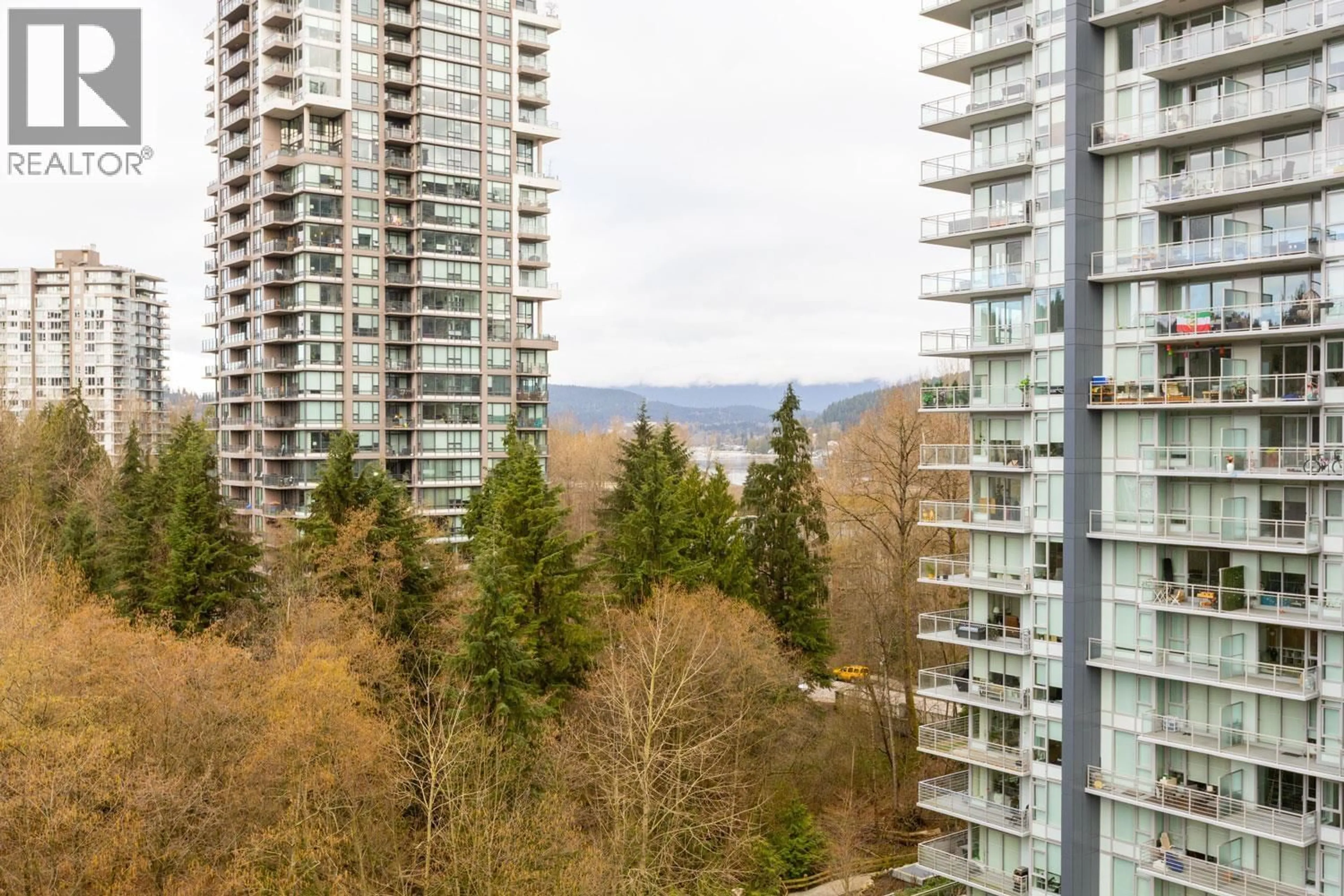 Balcony in the apartment, city buildings view from balcony for 908 - 308 MORRISSEY ROAD, Port Moody British Columbia V3H0M2
