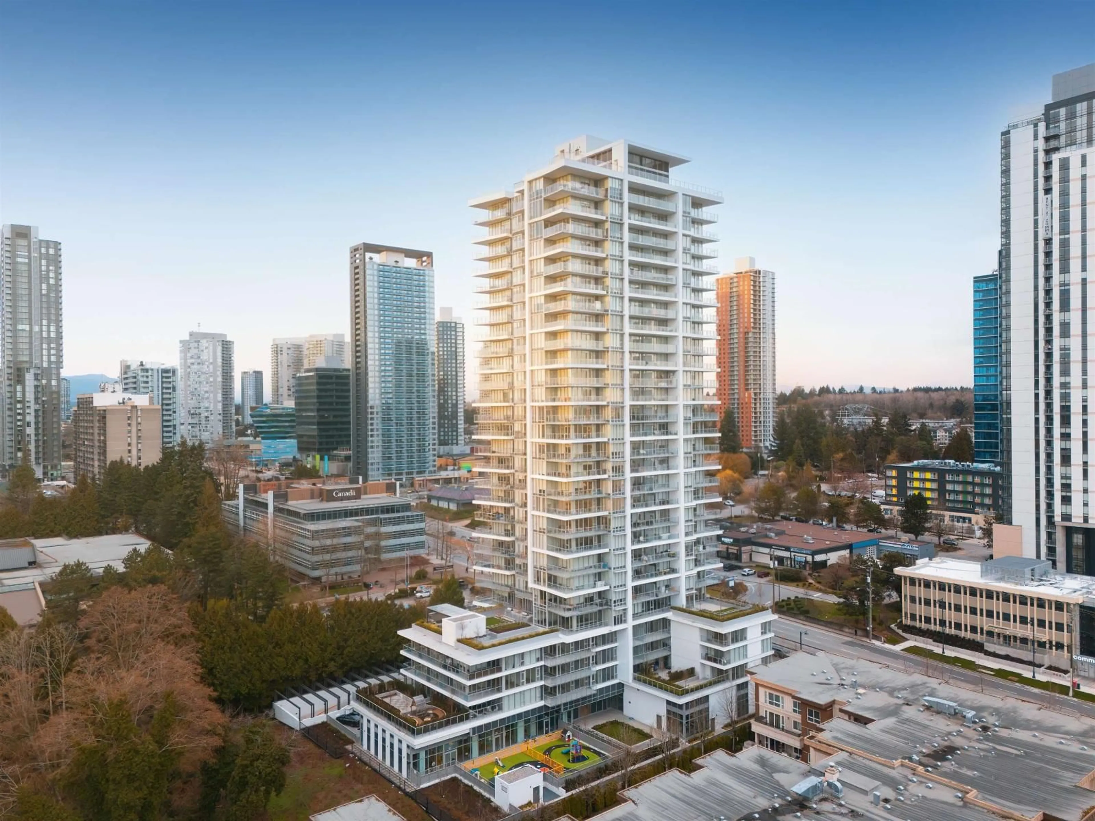 A pic from outside/outdoor area/front of a property/back of a property/a pic from drone, city buildings view from balcony for 305 - 9675 KING GEORGE BOULEVARD, Surrey British Columbia V3T0T7