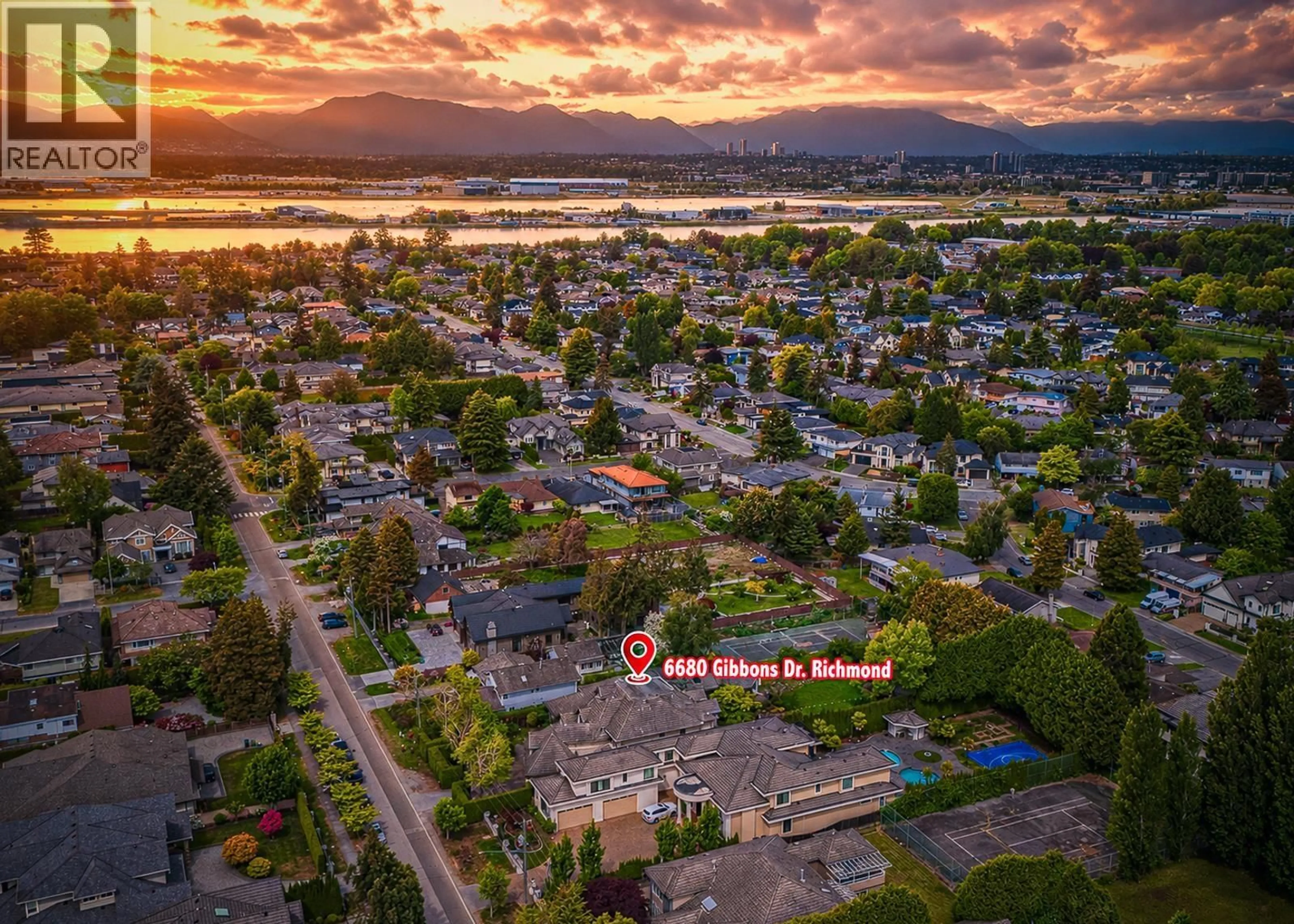 A pic from outside/outdoor area/front of a property/back of a property/a pic from drone, mountain view for 6680 GIBBONS DRIVE, Richmond British Columbia V7C2E1