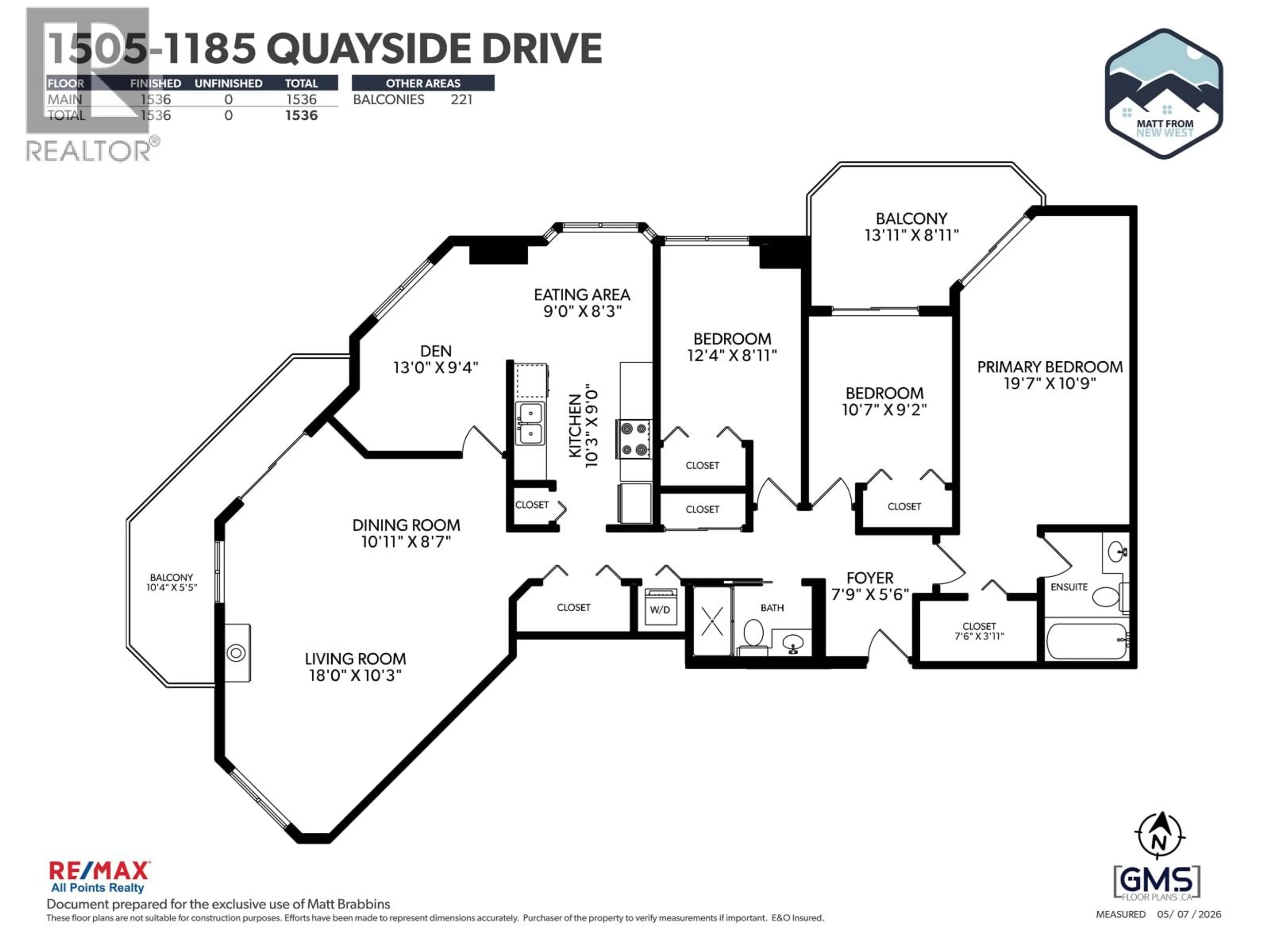 Floor plan for 1505 - 1185 QUAYSIDE DRIVE, New Westminster British Columbia V3M6T8