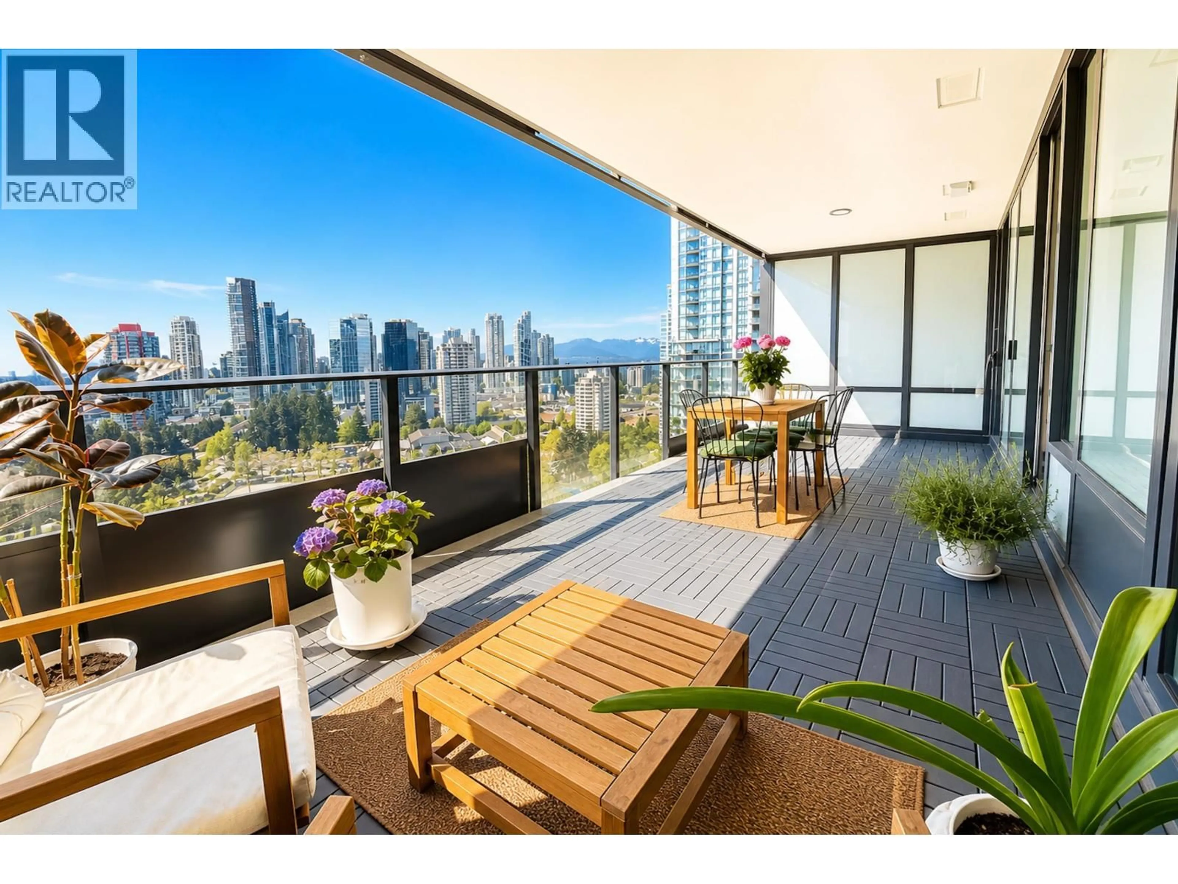 Patio, city buildings view from balcony for 2101 - 6699 DUNBLANE AVENUE, Burnaby British Columbia V5H0J8