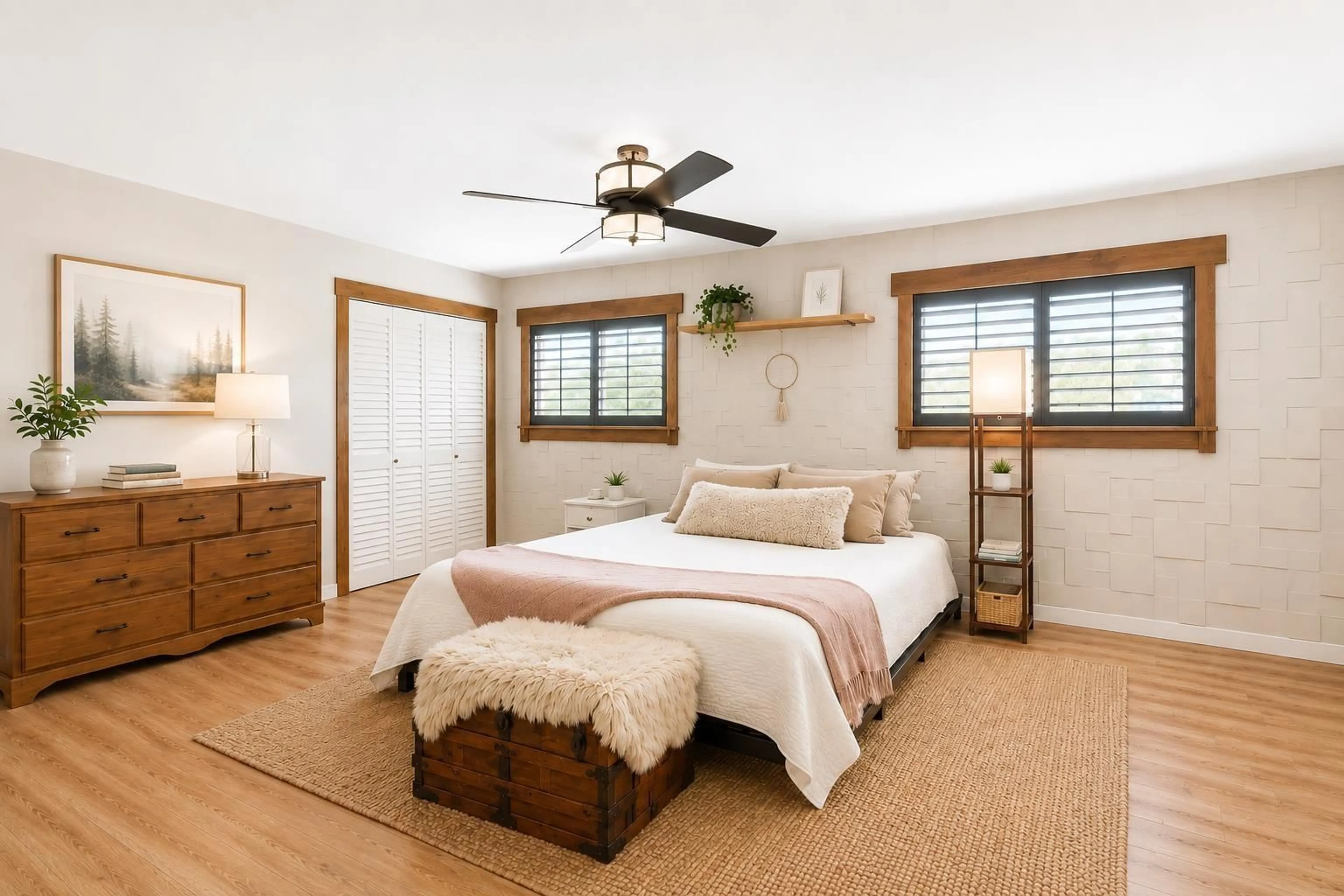 Bedroom with bed, wood/laminate floor for 7655 WOODCOCK CRESCENT, Mission British Columbia V2V4J8