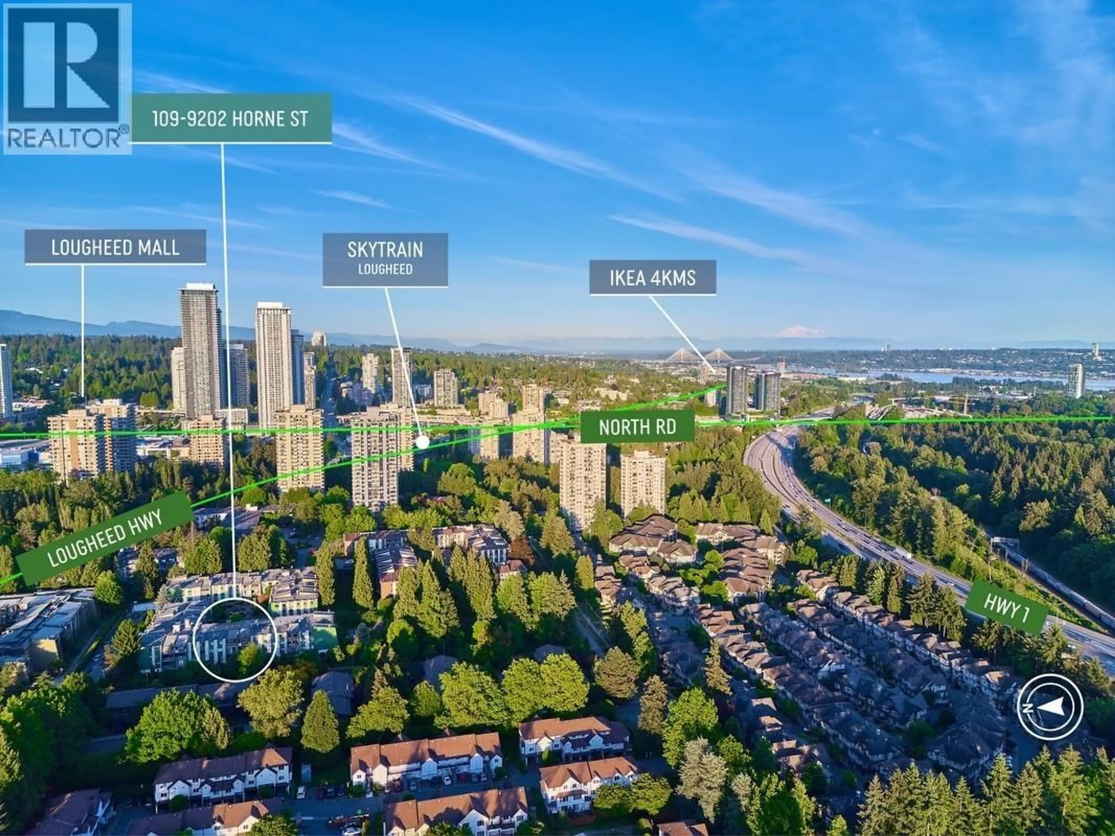 A pic from outside/outdoor area/front of a property/back of a property/a pic from drone, city buildings view from balcony for 109 - 9202 HORNE STREET, Burnaby British Columbia V3N4K2