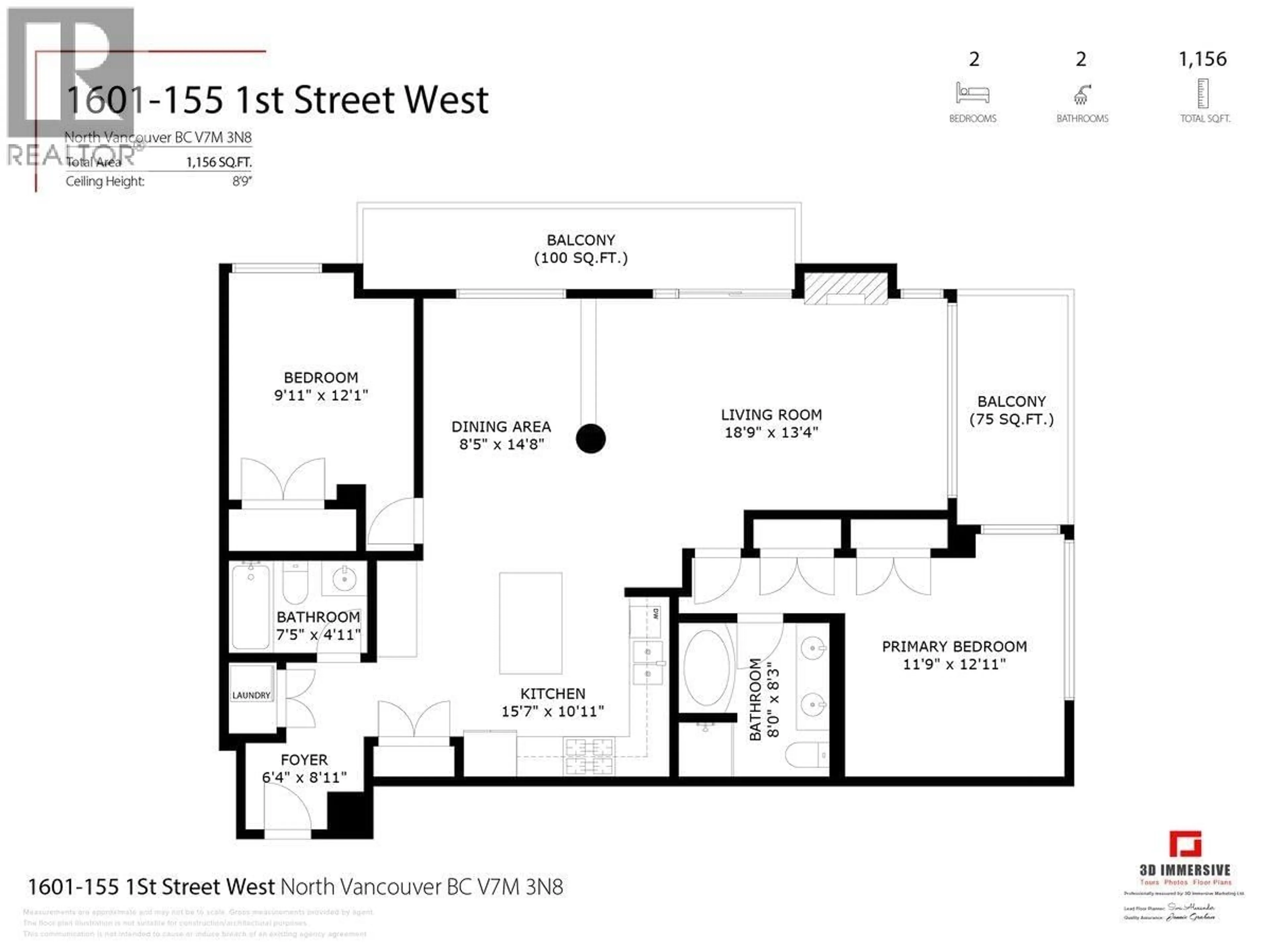 Floor plan for 1601 - 155 1ST STREET, North Vancouver British Columbia V7M3N8