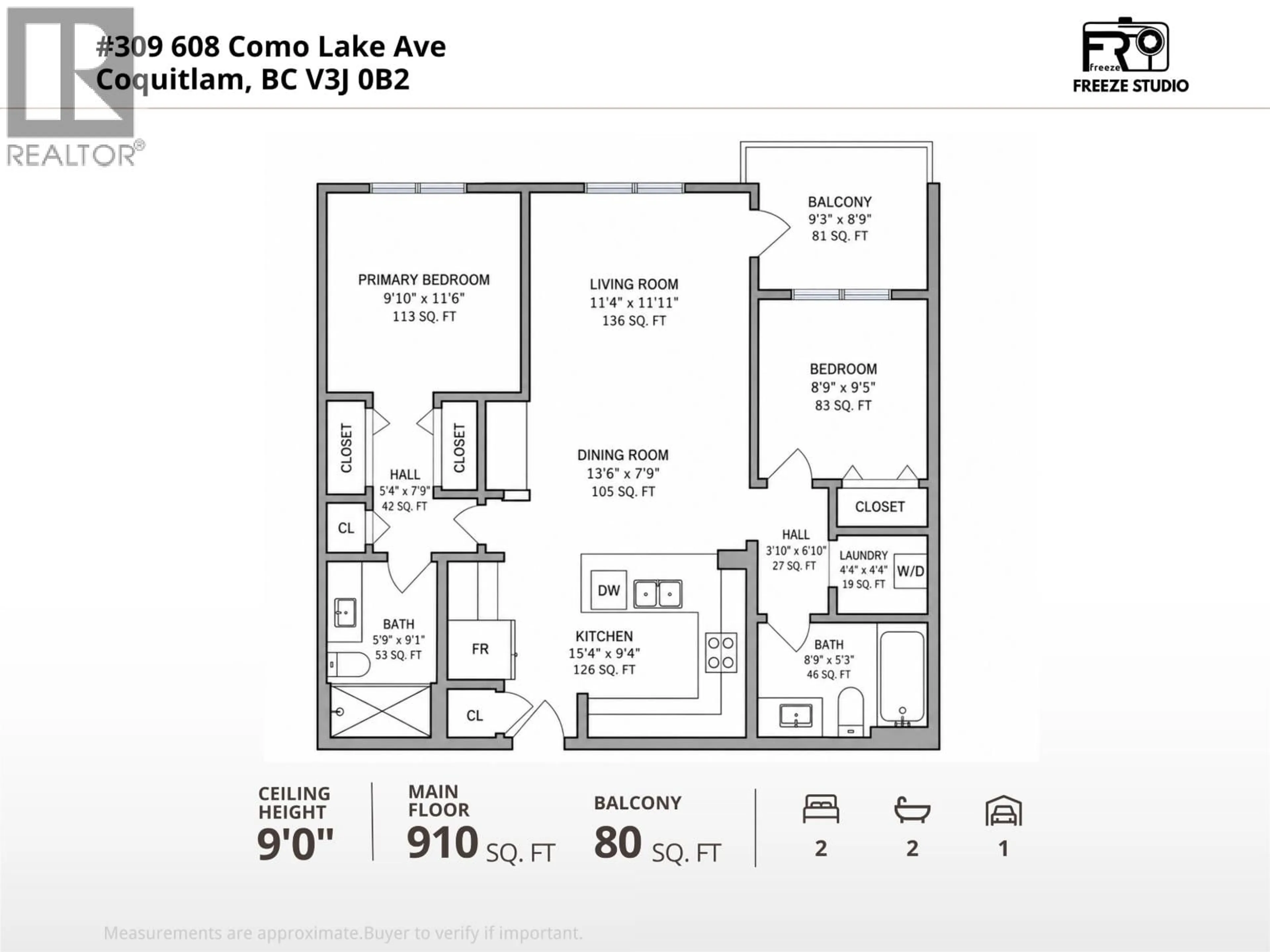 Floor plan for 309 - 608 COMO LAKE AVENUE, Coquitlam British Columbia V3J0B2