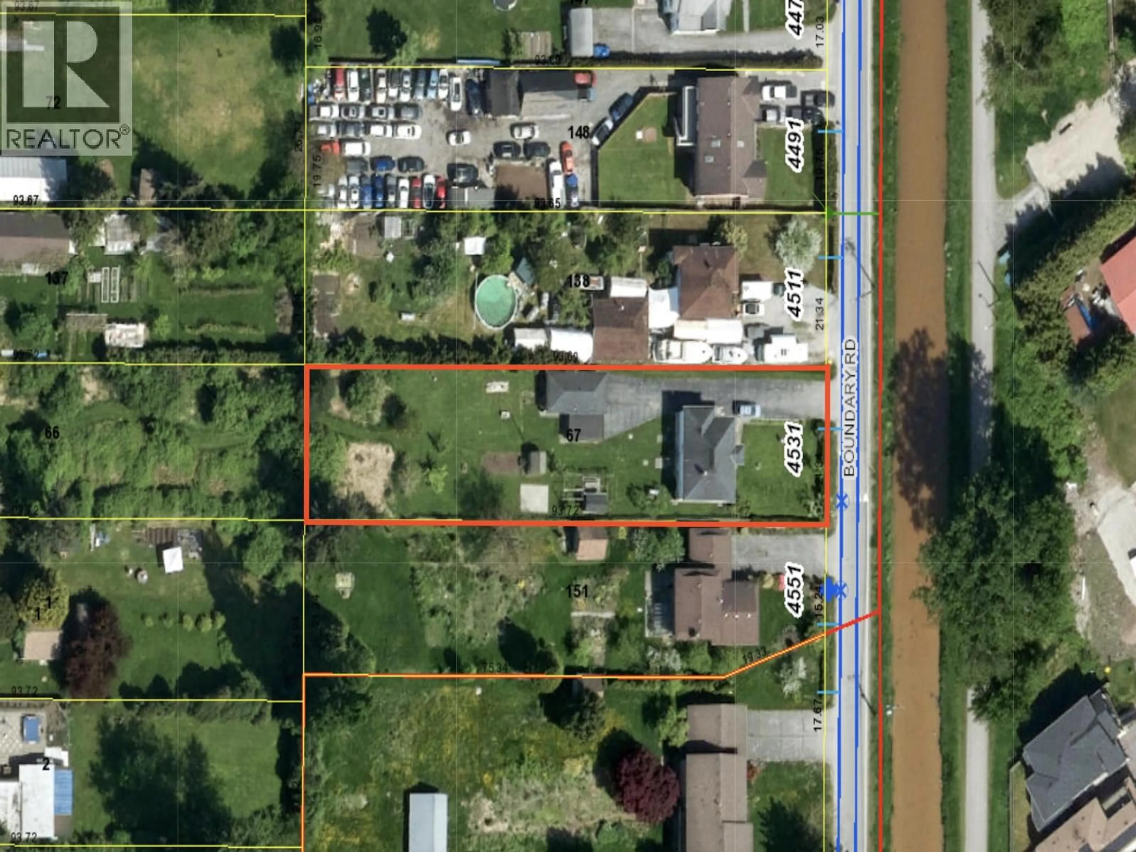 A pic from outside/outdoor area/front of a property/back of a property/a pic from drone, street for 4531 BOUNDARY ROAD, Richmond British Columbia V6V1T9