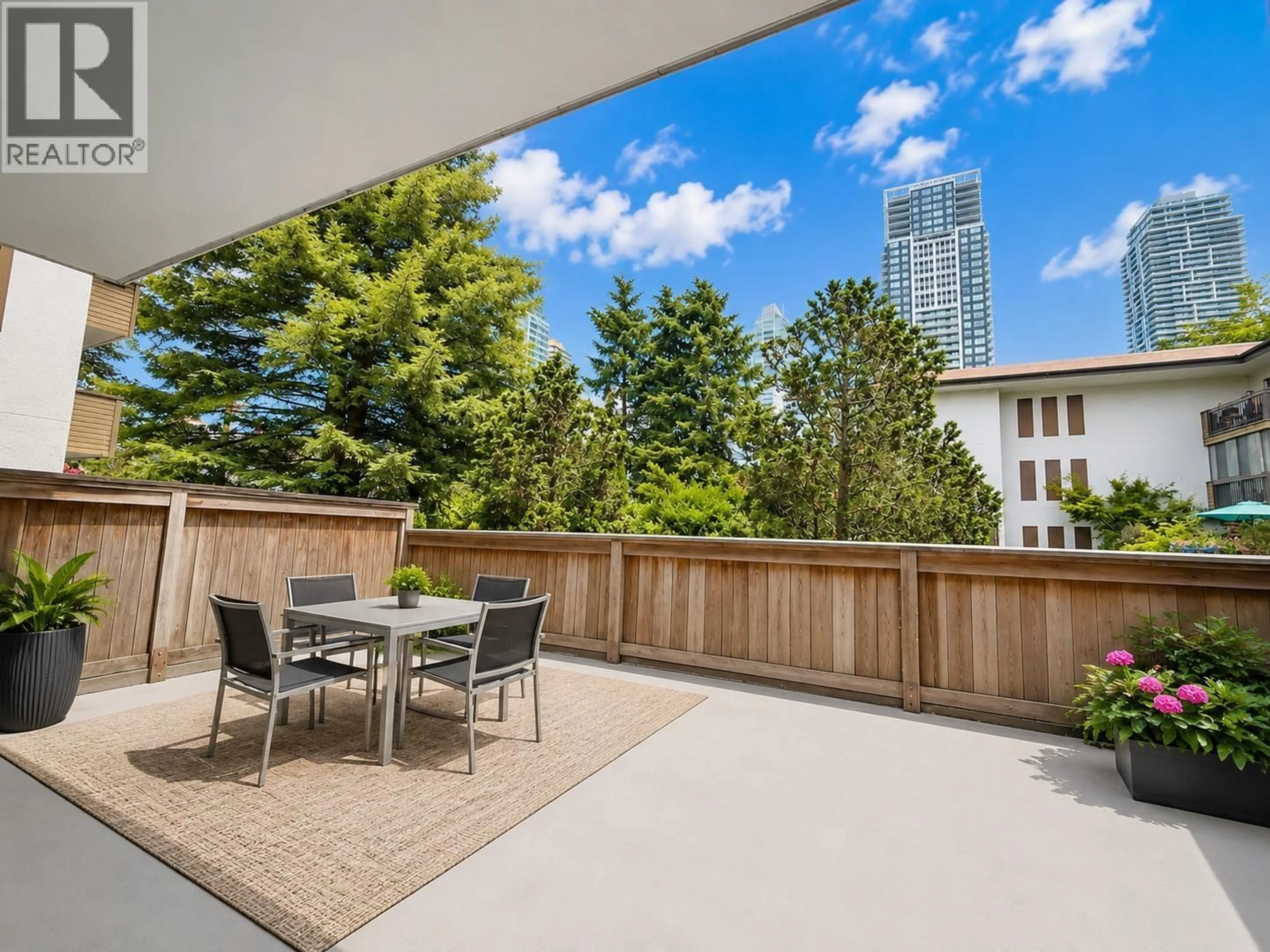 Patio, city buildings view from balcony for 106 - 6669 TELFORD AVENUE, Burnaby British Columbia V5H4A1