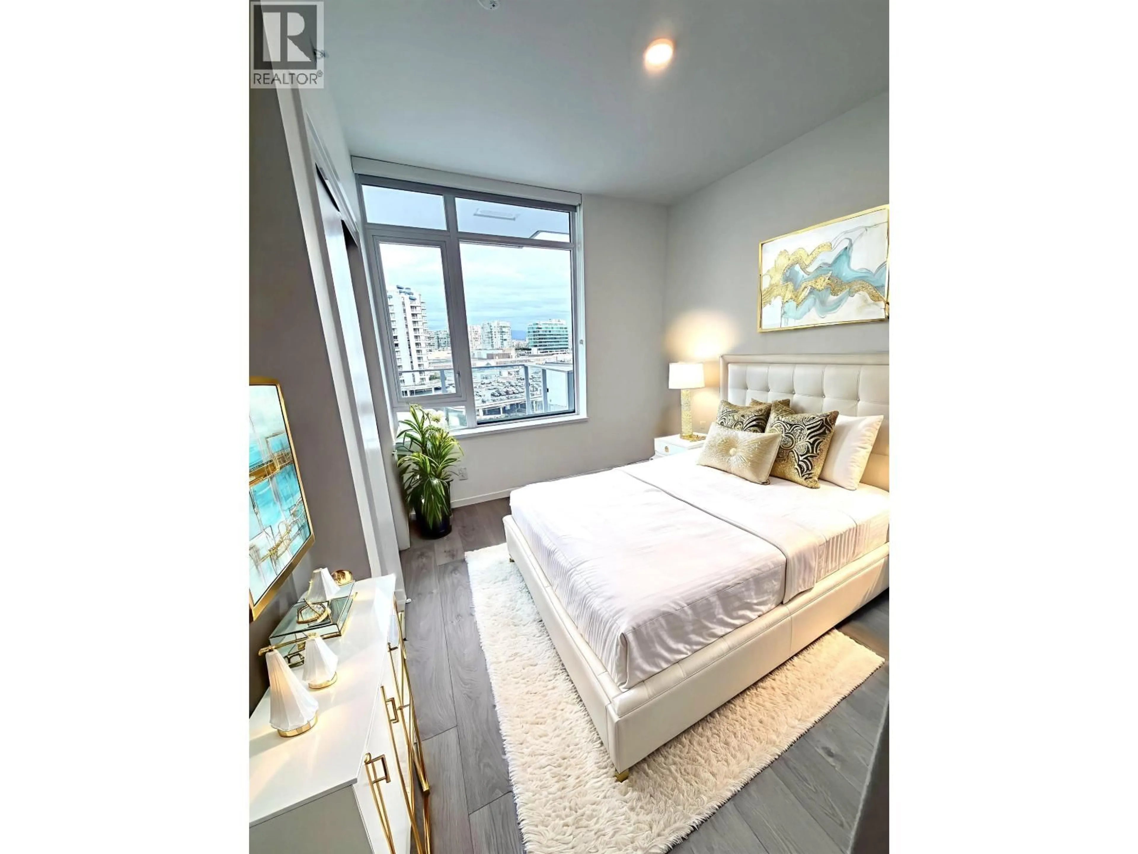 Bedroom with bed, wood/laminate floor for 701 - 6200 MINORU BOULEVARD, Richmond British Columbia V6Y0M9