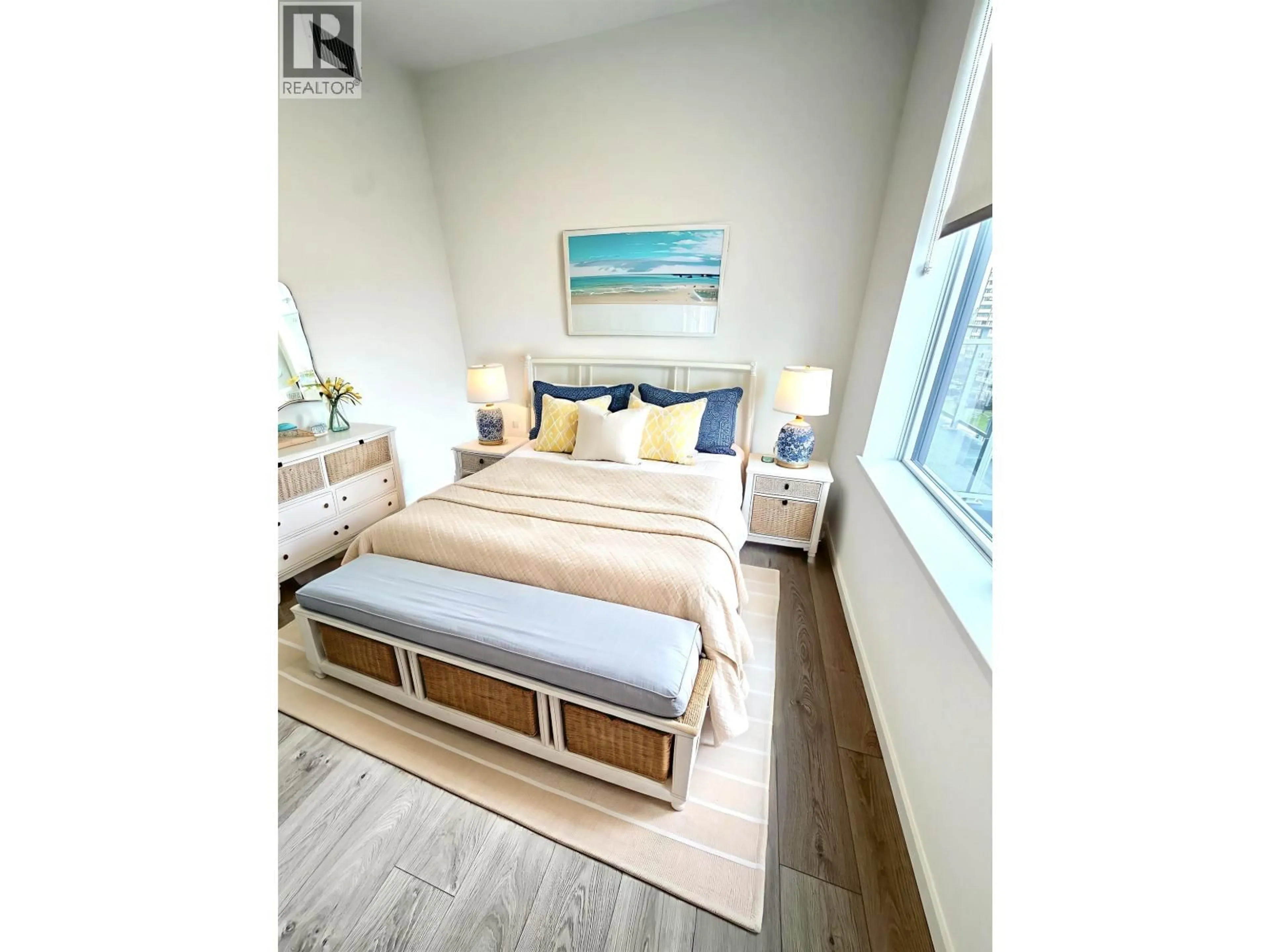 Bedroom with bed, wood/laminate floor for 701 - 6200 MINORU BOULEVARD, Richmond British Columbia V6Y0M9