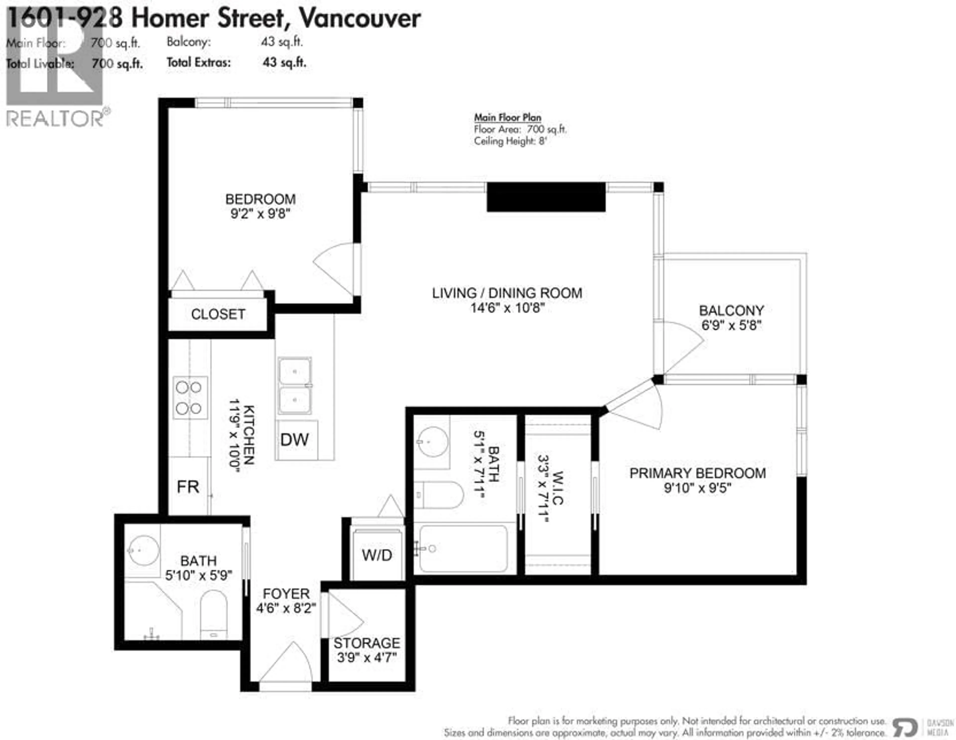 Floor plan for 1601 - 928 HOMER STREET, Vancouver British Columbia V6B1T7
