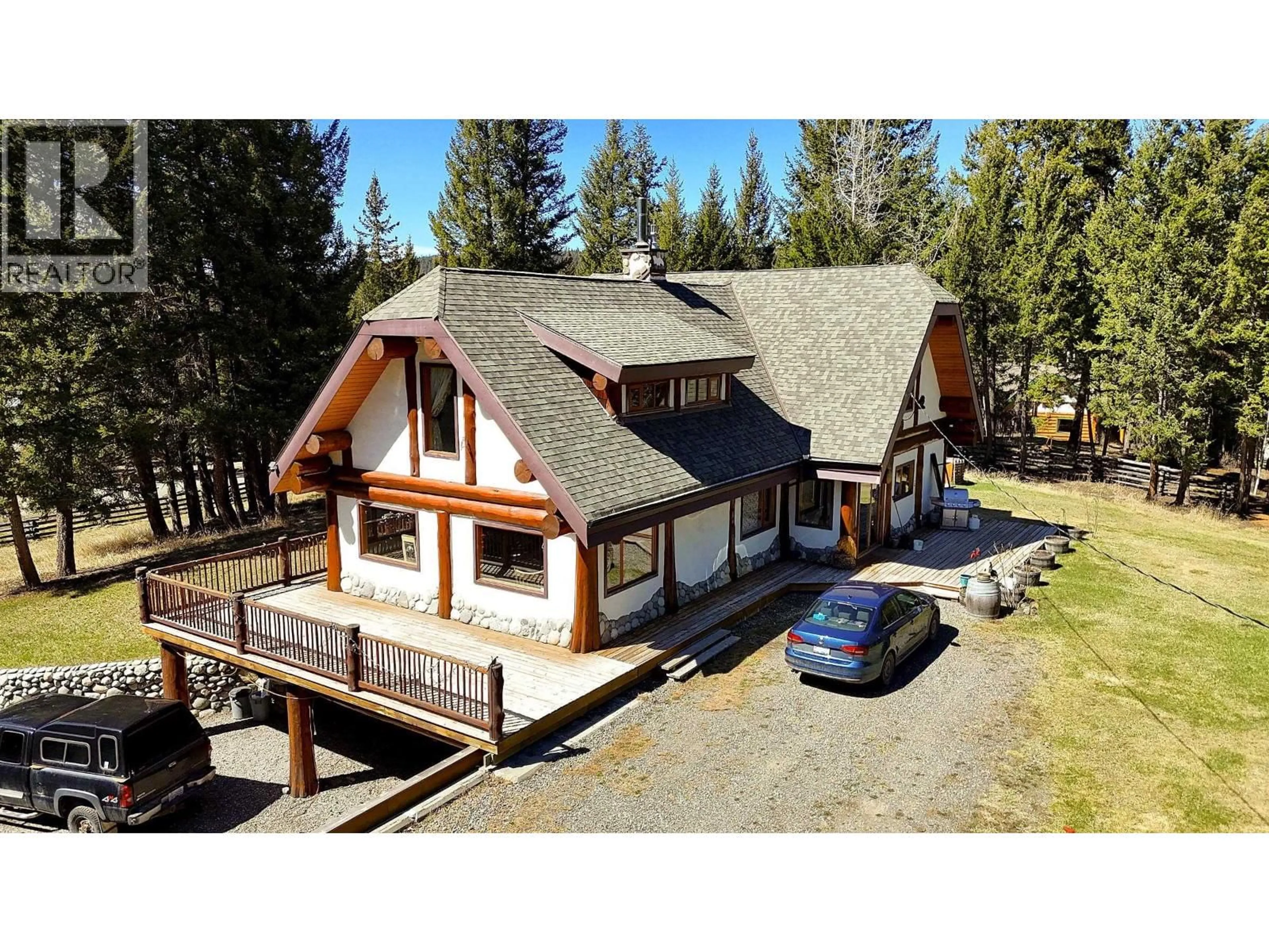 A pic from outside/outdoor area/front of a property/back of a property/a pic from drone, mountain view for 6419 LAMBLEY ROAD, 100 Mile House British Columbia V0K2E3