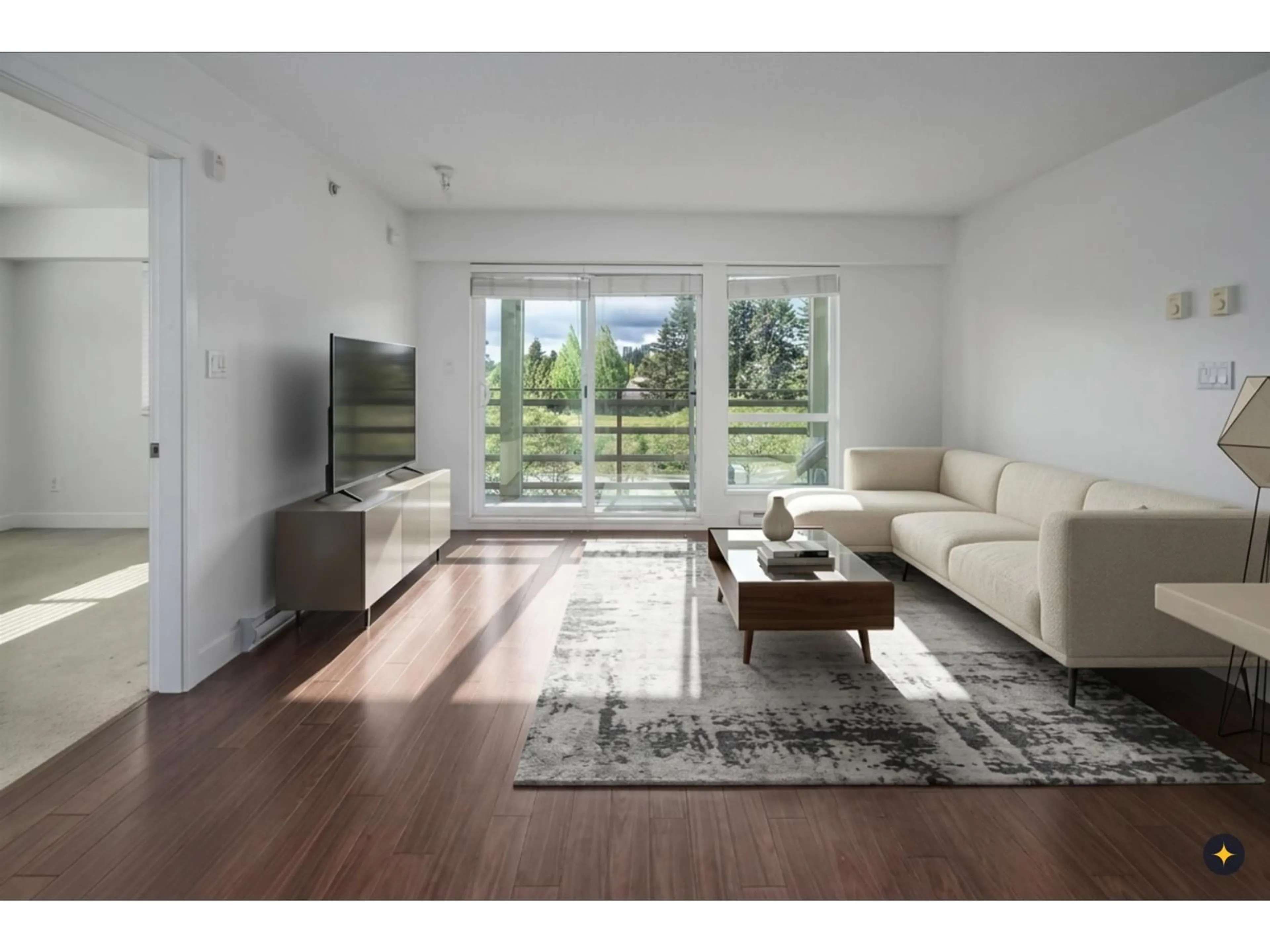 Living room with furniture, wood/laminate floor for 406 - 15735 CROYDON DRIVE, Surrey British Columbia V3Z2L5