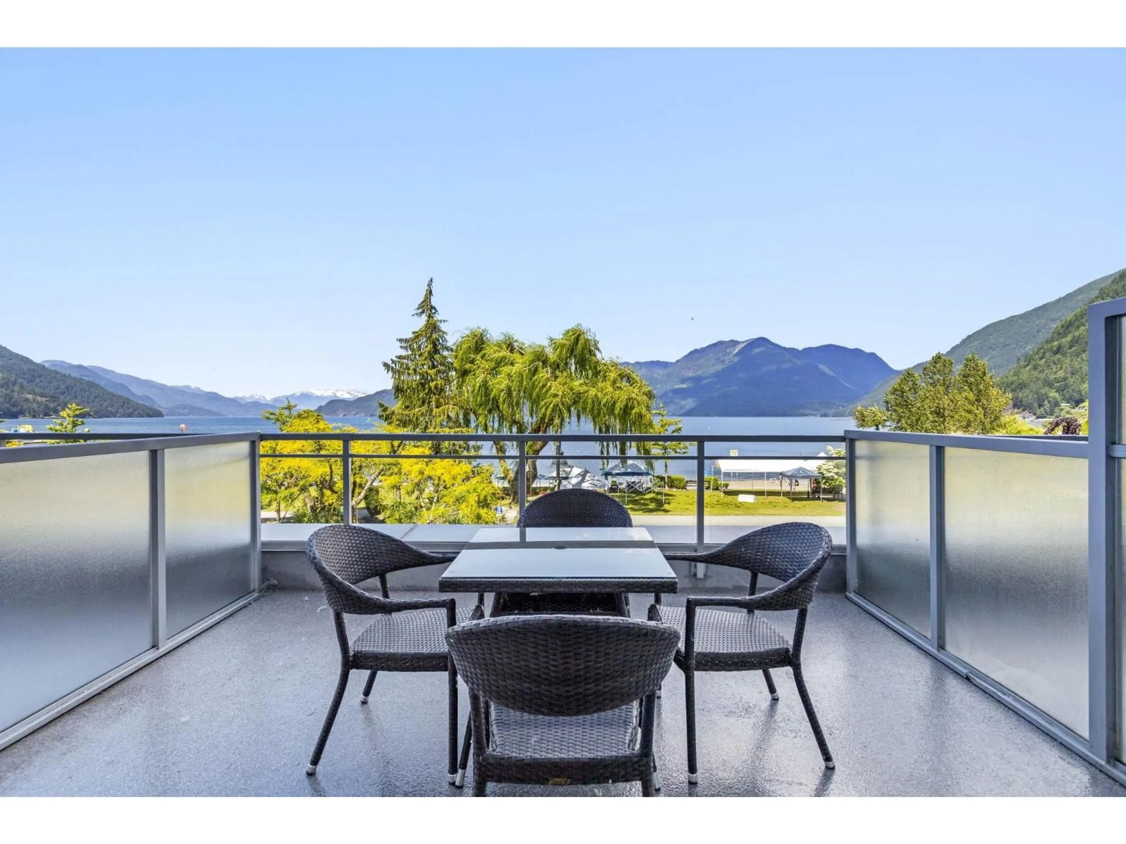 Balcony in the apartment, water/lake/river/ocean view for 206C - 160 ESPLANADE AVENUE, Harrison Hot Springs British Columbia V0M1K0