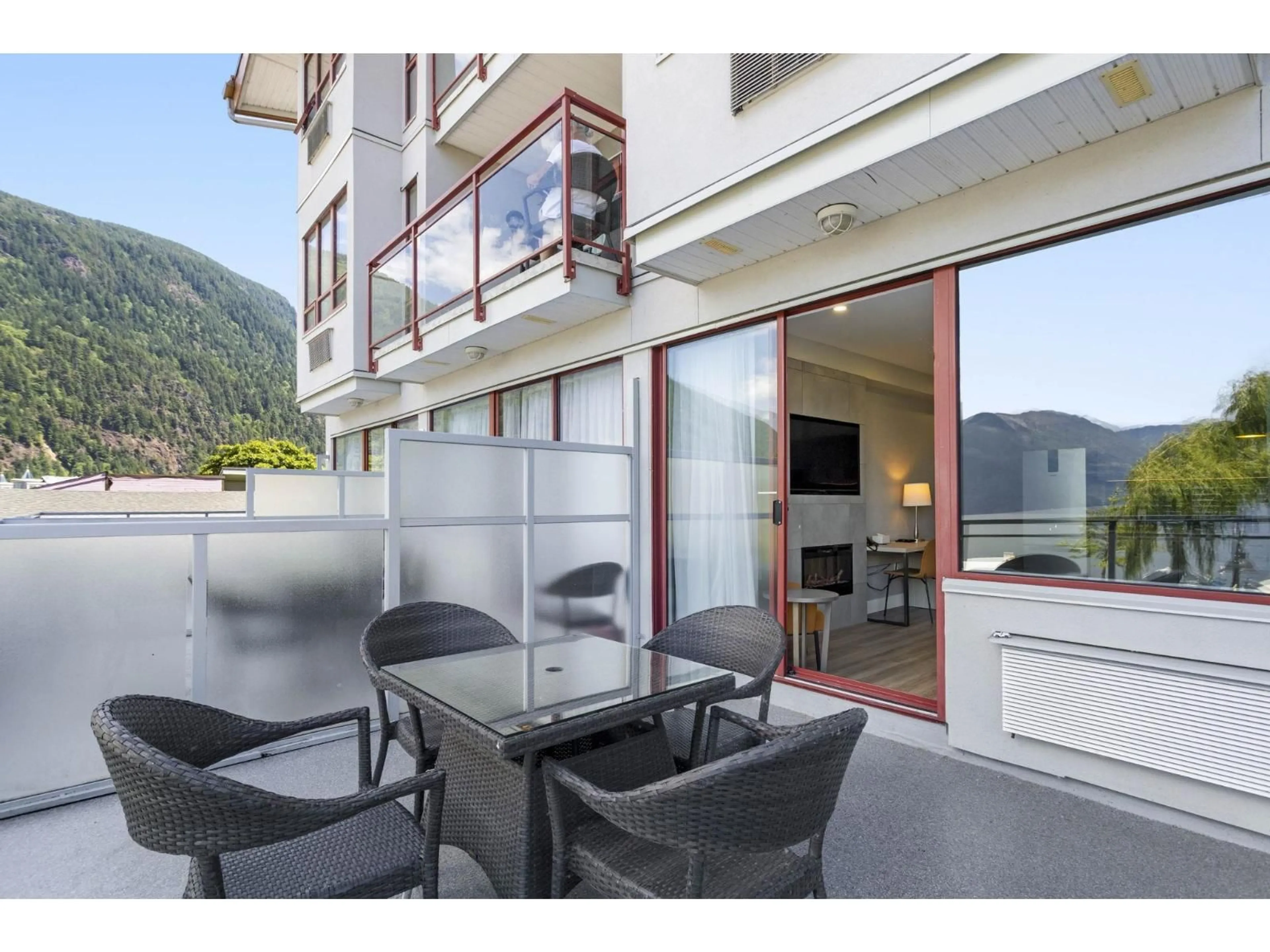 Balcony in the apartment, mountain view for 206C - 160 ESPLANADE AVENUE, Harrison Hot Springs British Columbia V0M1K0