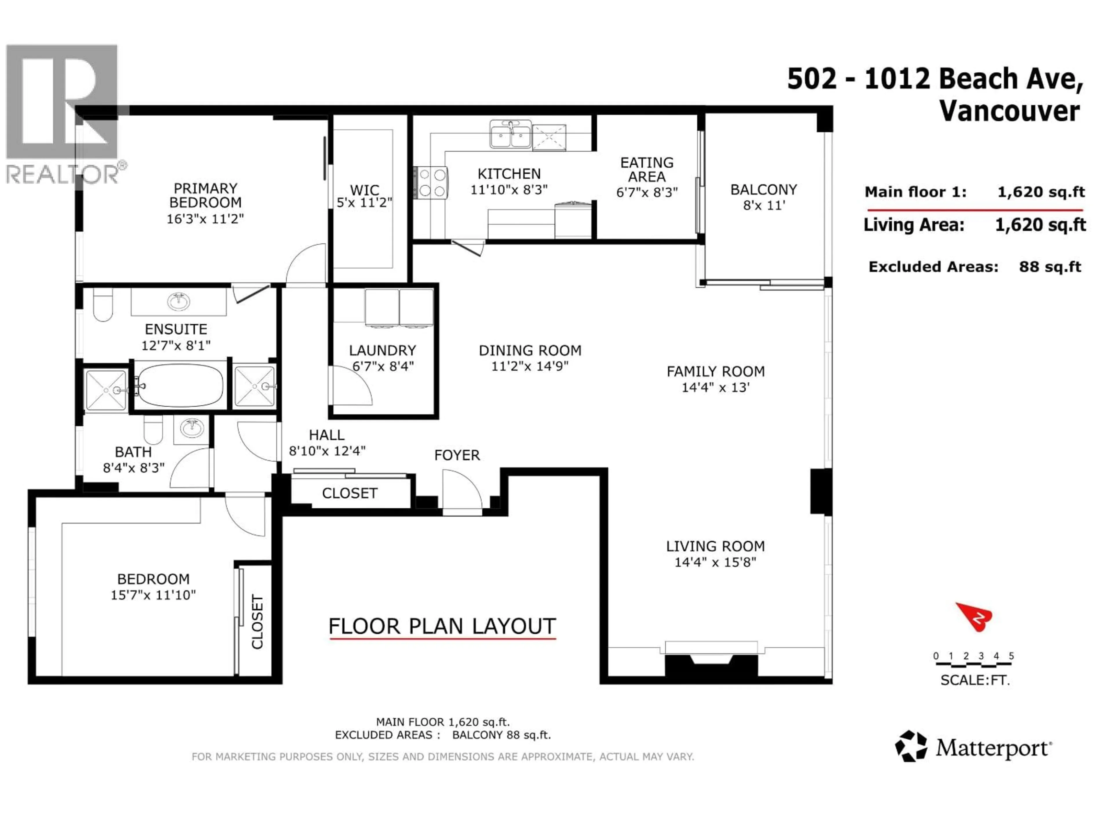Floor plan for 502 - 1012 BEACH AVENUE, Vancouver British Columbia V6E1T7