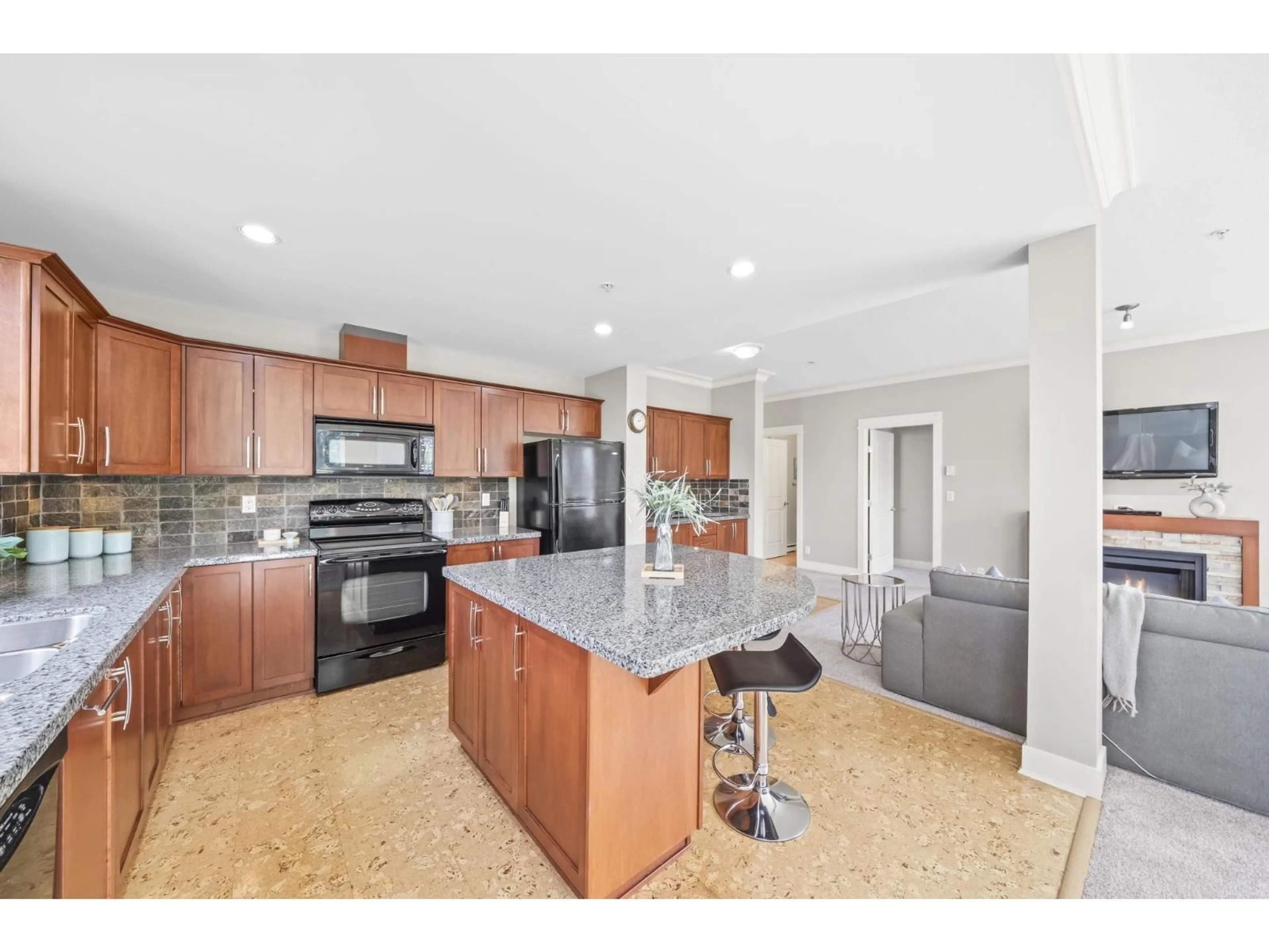 Open concept kitchen, ceramic/tile floor for 308 - 5430 201 STREET, Langley British Columbia V3A0A2