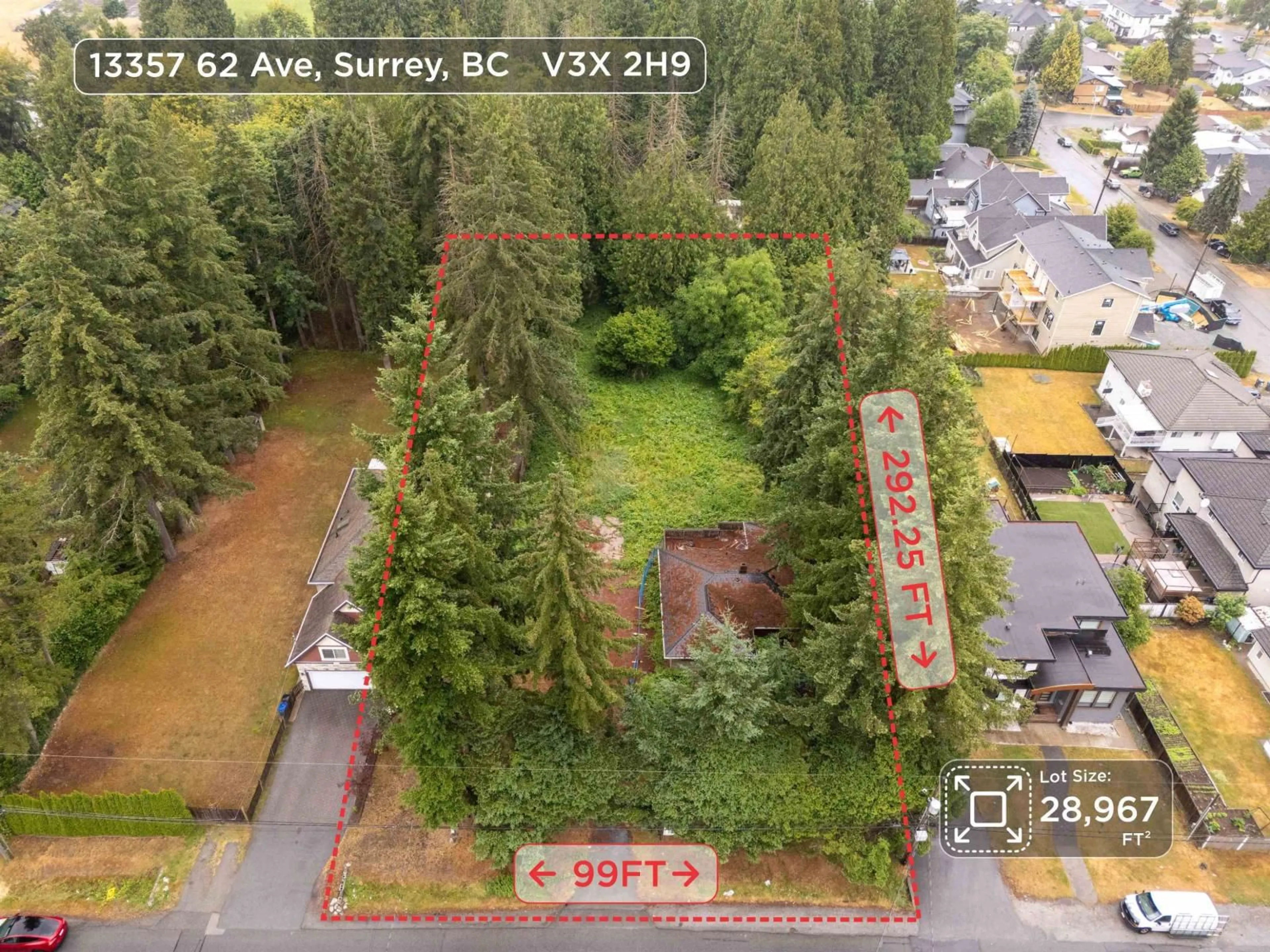 A pic from outside/outdoor area/front of a property/back of a property/a pic from drone, forest/trees view for 13357 62 AVENUE, Surrey British Columbia V3X2H9