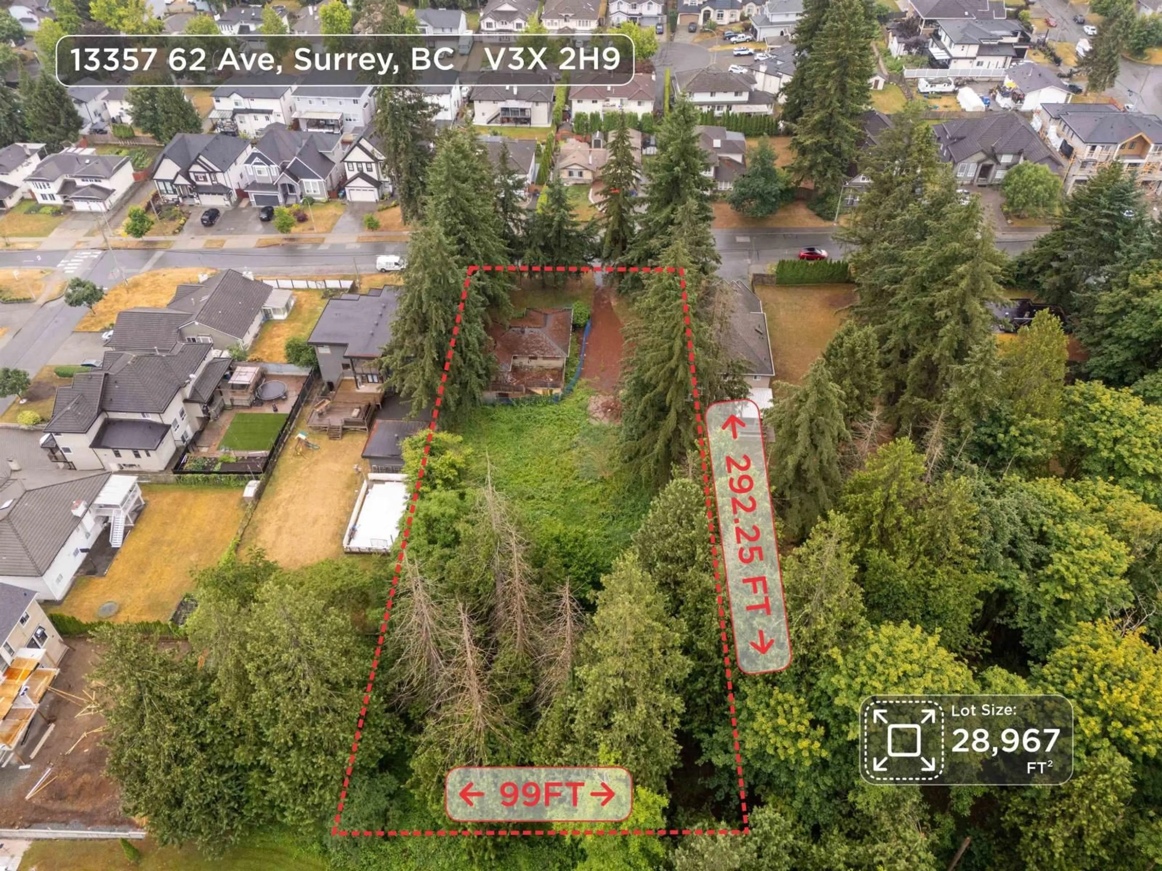 A pic from outside/outdoor area/front of a property/back of a property/a pic from drone, forest/trees view for 13357 62 AVENUE, Surrey British Columbia V3X2H9
