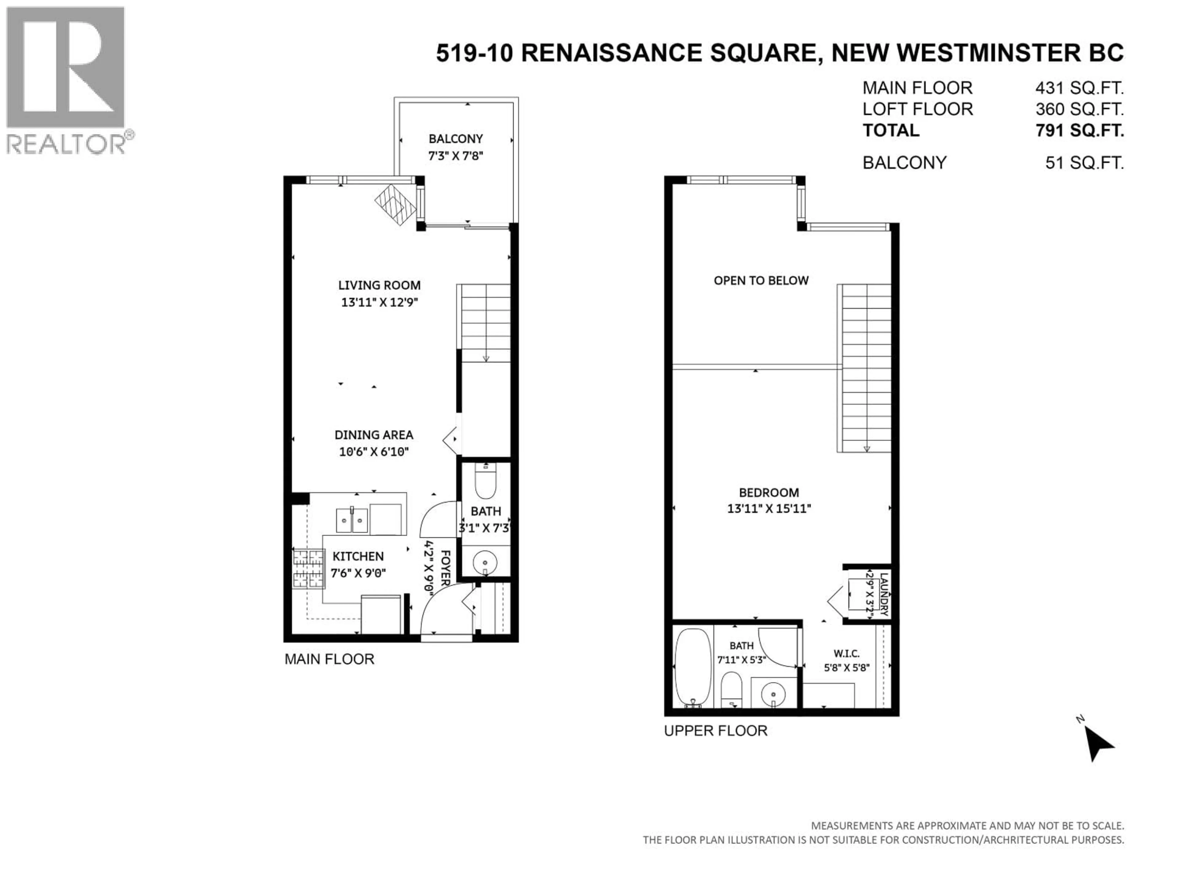 Floor plan for 519 - 10 RENAISSANCE SQUARE, New Westminster British Columbia V3M7B1
