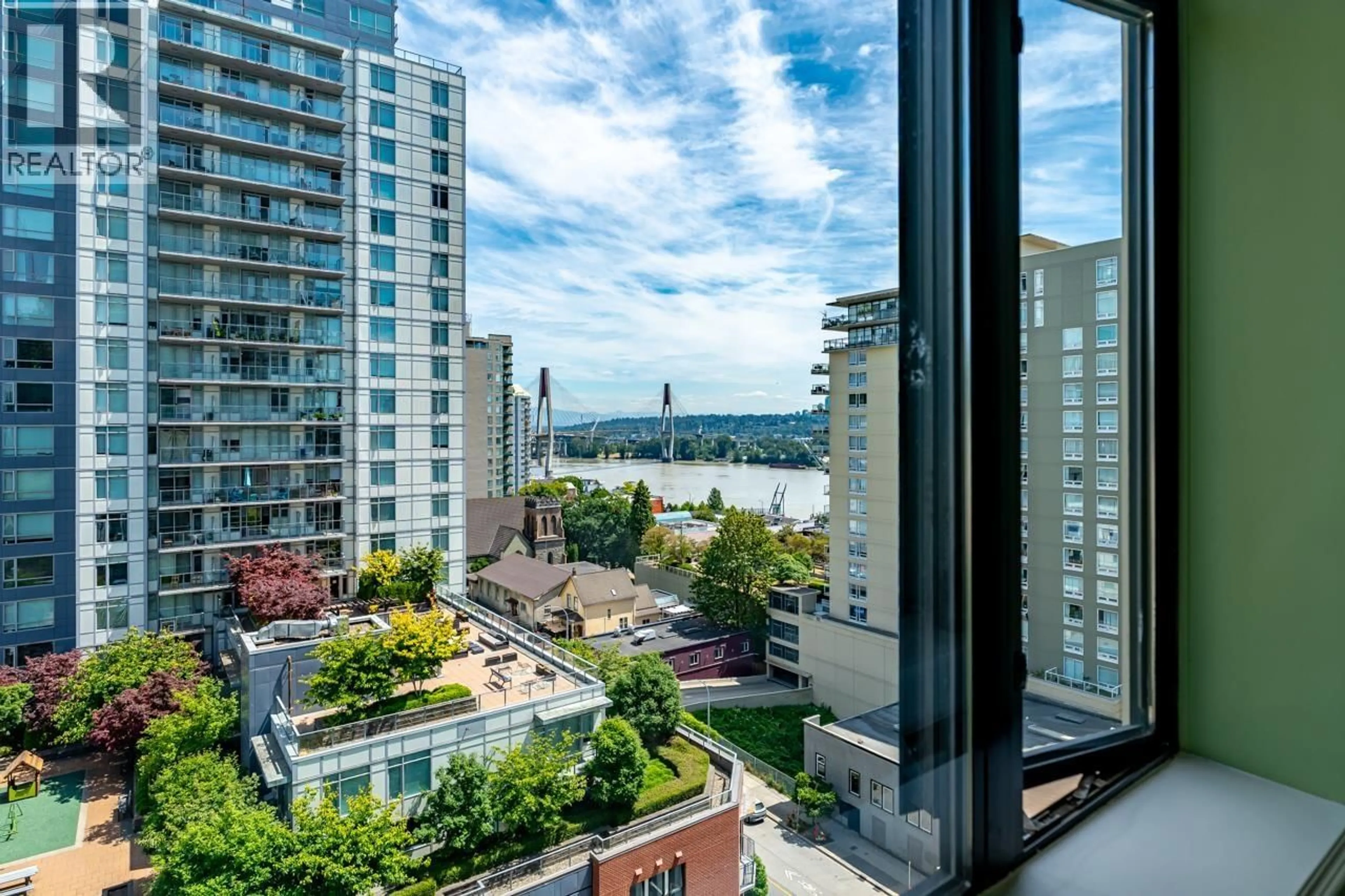 Patio, city buildings view from balcony for 1107 - 610 VICTORIA STREET, New Westminster British Columbia V3M0A5